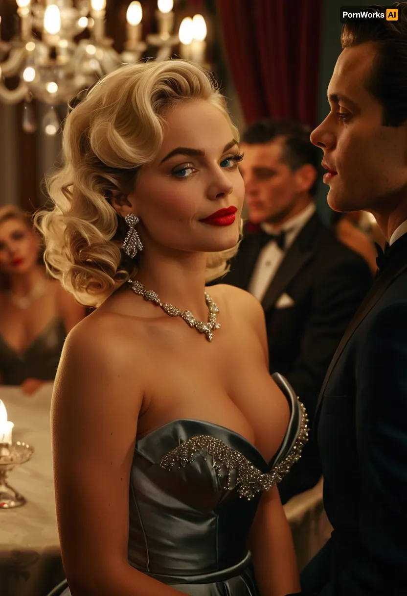 (masterpiece, best quality, ultra-detailed, photorealistic, vintage Hollywood glamour), two glamorous women at a formal evening party, 1950s retro style, sitting together at an elegant table under a sparkling chandelier, one woman with short black curly hair, pale flawless skin, striking light blue eyes, bold red lipstick, sculpted cheekbones, wearing a dark navy strapless satin gown with a sweetheart neckline, diamond necklace and earrings, holding a glass in her hand, elegant posture, confident expression, the other woman standing beside her with platinum blonde voluminous shoulder-length hair styled in soft waves, bright blue eyes, radiant smile, dramatic eyeliner, glossy pink lips, pale luminous skin, extremely voluptuous figure with large exposed cleavage, very tight and revealing silver satin dress with spaghetti straps, plunging neckline showing large round breasts, diamond chandelier earrings, hand resting lightly on her hip, both women exuding charm and charisma, softly blurred background with other guests, elegant vintage atmosphere, warm cinematic lighting, detailed textures, signed photo, <lora:MJ52:1>, <lora:SDXLHighDetail_v6-000005:1>