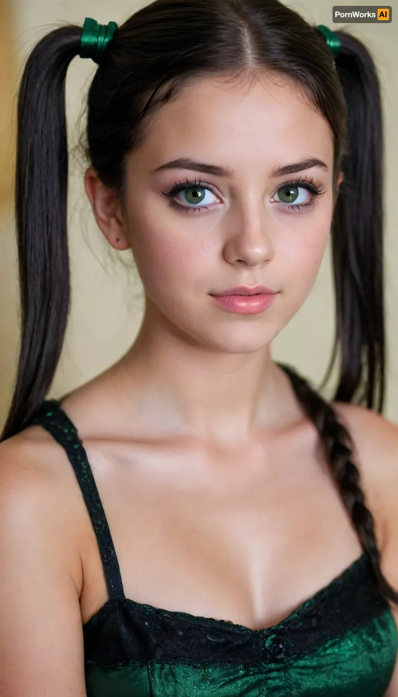 (full-length shot of a legal 18 years old cute virgin), black hair, pigtails, green eyes, black mascara