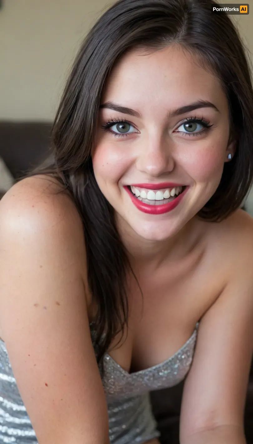 18 year old, black hair, red lipstick, earrings, nose ring, (mischievous girlfriend, naughty girlfriend, feisty grin, sparkling eyes:1.8), (natural breasts, pale breasts), small nose