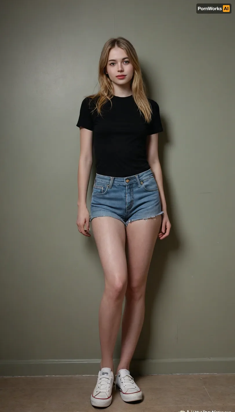 Masterpiece, Best quality, Ultra HD, ((full length with feet in view)), Hyper Realistic, abrasions on the knees, 18-year-old girl, Natasha, standing against the wall at during a medical examination, feminine features, (((no makeup))), (((pale face))), very blonde hair, (straight hair), long hair with bangs, medium height, oval face, Forehead tall, arched eyebrows of medium thickness, eyebrows with a natural curve, (almond-shaped lips of small size), symmetrical green small eyes, bright eyelids, straight nose of medium length, pointed tip of nose, high cheekbones not protruding, rounded cheeks, dimples form when smiling, the lips are a natural pink shade, the lower lip is thicker than the upper one, the chin is oval, white skin with a pink tinge, abrasions on her knees, very thin, thin arms, protruding ribs, flat chest, tits wide apart, with a large number of moles, defects in the form of pimples and abrasions, ((pubic hair)), black T-shirt, jeans shorts, black converse sneakers, foto full height, the camera shoots from afar