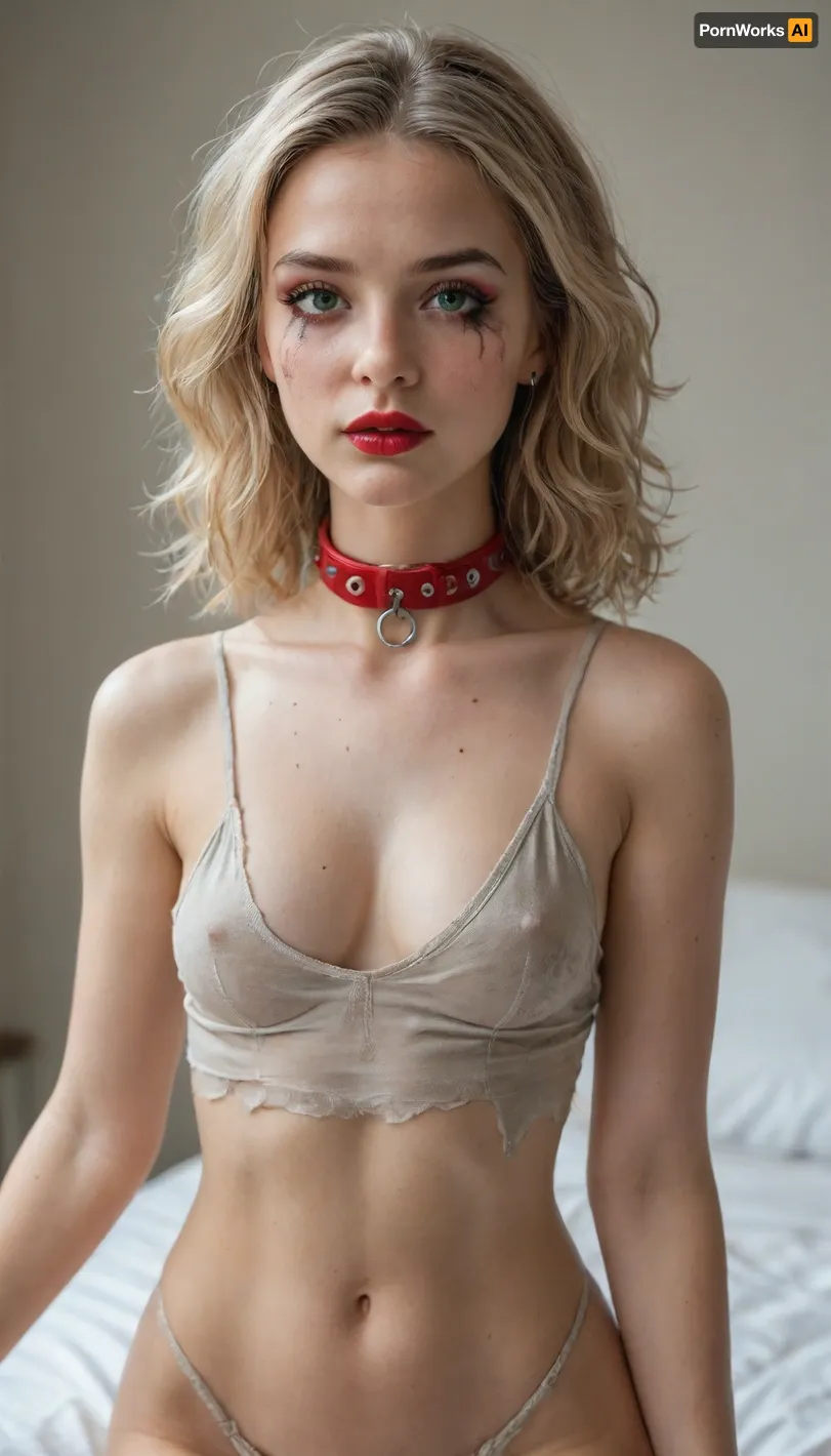 18 year old model in very dirty clothes, back arched, chained to the bedpost, blonde hair, green eyes, medium breasts, red lipstick, smeared gothic makeup, skinny hips, cute boyish face, wearing a collar and chain, front view from top