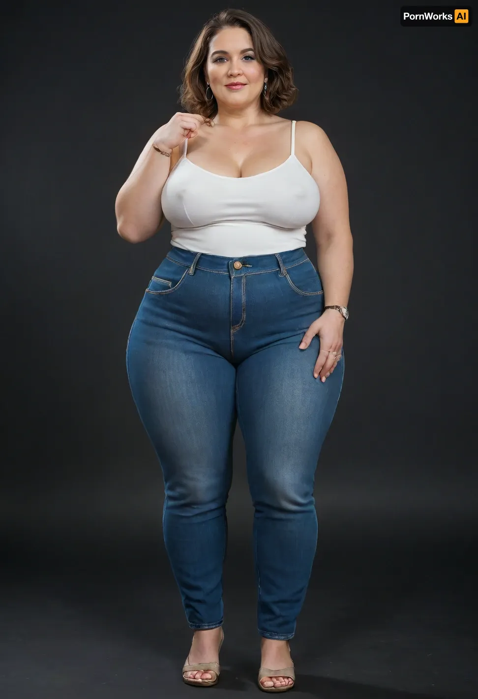 The image depicts a obese, (bbw:1.3), mature woman, (mature:1.3), 60 years old, milf, full body view portrait, against a solid black background.
Body and Figure, The bbw woman has a curvaceous and full figure. Her shoulders appear broad, and her arms are chubby. Her waist is cinched, emphasizing the width of her hips and thighs, which are generously proportioned, giving her an hourglass or pear-shaped silhouette.
Breasts, She has a very full bust, with her saggy breasts appearing large and prominent, pushing against the fabric of her top. Her nipples are hard., (FUPA:1.3), Clothes, She is wearing a simple white sleeveless top with spaghetti straps, white camisole. The top is form-fitting, highlighting her bust. Below the top, she is wearing a pair of highwaist blue jeans. The jeans are high-waisted and snug, conforming to her big hips and thighs, with a fupa. On her left wrist, a silver-toned watch with a metal band is visible. She is wearing a diamond wedding ring on her left hand ring finger.
Face and Features, Her face is presented frontally, with a big smile. She has dark hair, styled in a bob or shoulder-length cut, parted on the side, and appearing to have some brown highlights. Her eyes are light-colored, possibly blue or grey, and there is visible makeup around them, including eyeliner and mascara. Her eyebrows are well-defined and dark. Her nose is of average size, and her lips are full and colored with what appears to be a natural or light pink lipstick. Despite the stated age of 60, her skin has visible wrinkles. There's a dimple visible on her right cheek.