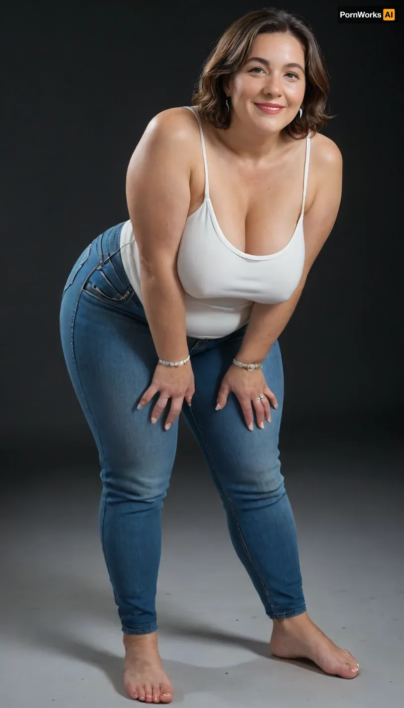 The image depicts a obese, (bbw:1.3), mature woman, (mature:1.3), 60 years old, milf, full body view portrait, against a solid black background. Leaning forward.
Body and Figure, The bbw woman has a curvaceous and full figure. Her shoulders appear broad, and her arms are chubby. Her waist is cinched, emphasizing the width of her hips and thighs, which are generously proportioned, giving her an hourglass or pear-shaped silhouette.
Breasts, She has a very full bust, with her saggy breasts appearing large and prominent, pushing against the fabric of her top. Her nipples are hard., (FUPA:1.3), Clothes, She is wearing a simple white sleeveless top with spaghetti straps, white camisole. The top is form-fitting, highlighting her bust. Below the top, she is wearing a pair of highwaist blue jeans. The jeans are high-waisted and snug, conforming to her big hips and thighs, with a fupa. On her left wrist, a silver-toned watch with a metal band is visible. She is wearing a diamond wedding ring on her left hand ring finger.
Face and Features, Her face is presented frontally, with a big smile. She has dark hair, styled in a bob or shoulder-length cut, parted on the side, and appearing to have some brown highlights. Her eyes are light-colored, possibly blue or grey, and there is visible makeup around them, including eyeliner and mascara. Her eyebrows are well-defined and dark. Her nose is of average size, and her lips are full and colored with what appears to be a natural or light pink lipstick. Despite the stated age of 60, her skin has visible wrinkles. There's a dimple visible on her right cheek.