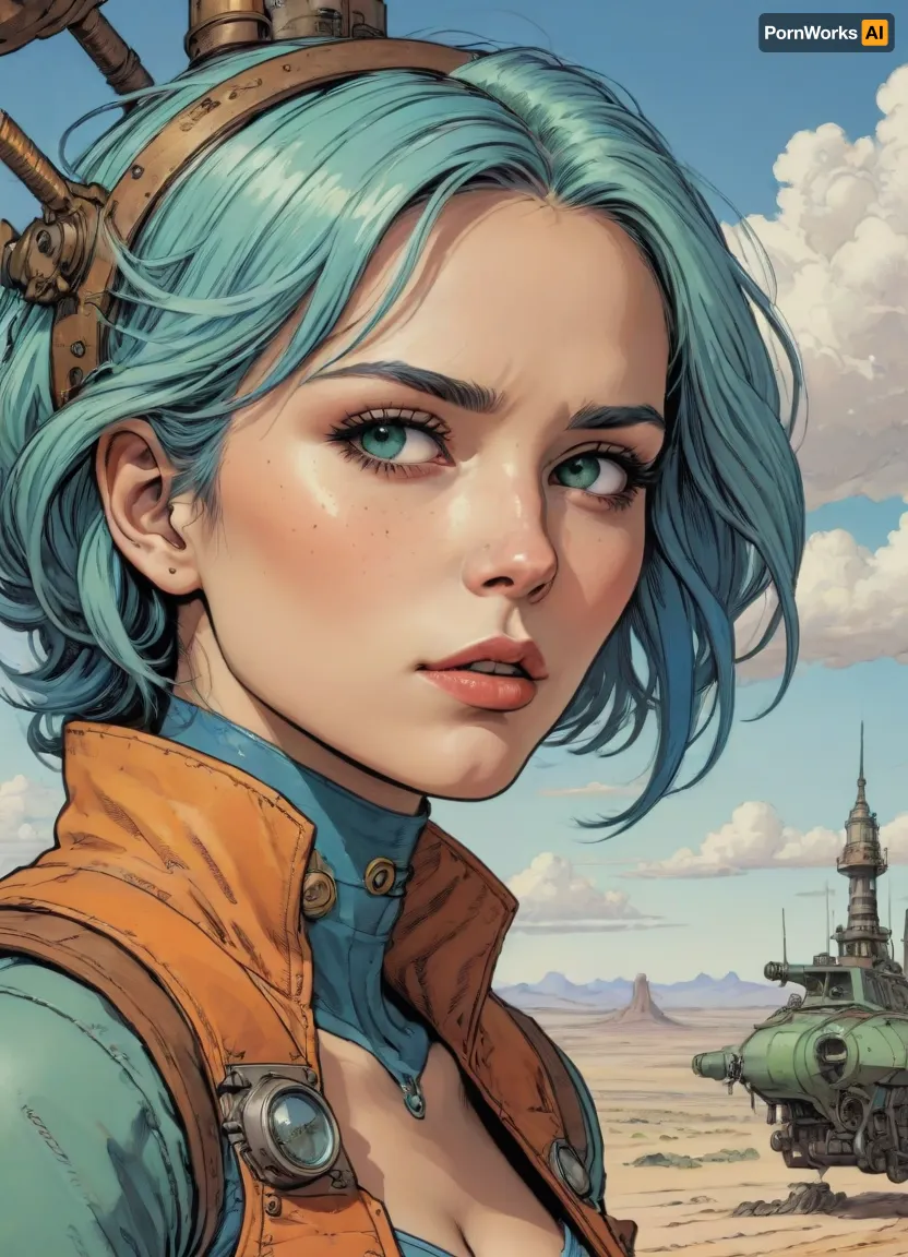 score_9, score_8_up, score_7_up, (A detailed drawing with clean lines and meticulous shading, flat colors, line art, no gradients, green and blue and orange hue), Steampunk, focus on face, face close-up, woman flying on a mechanical flying machine, flying high, deset wasteland, clouds, sand storm, desert city down below below, Moebius, detailed face, (Jean, Giraud), page, lineart, <lora:Moebius (Jean Giraud) Style:1>, <lora:outline_xl_kohaku_delta_spv5x:1.1>, <lora:lineartSDXL:.8>