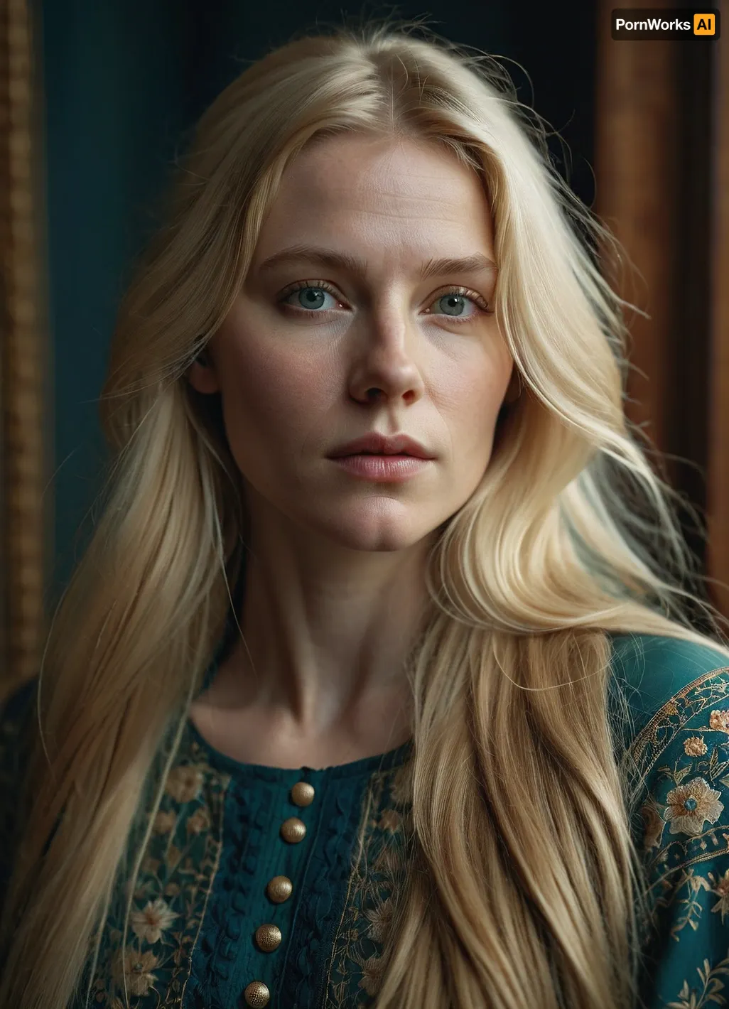 "A hyper-realistic photo of a Scandinavian woman called Fiona, early 30s, pale skin, long blonde wild hair, high detail, sharp focus"