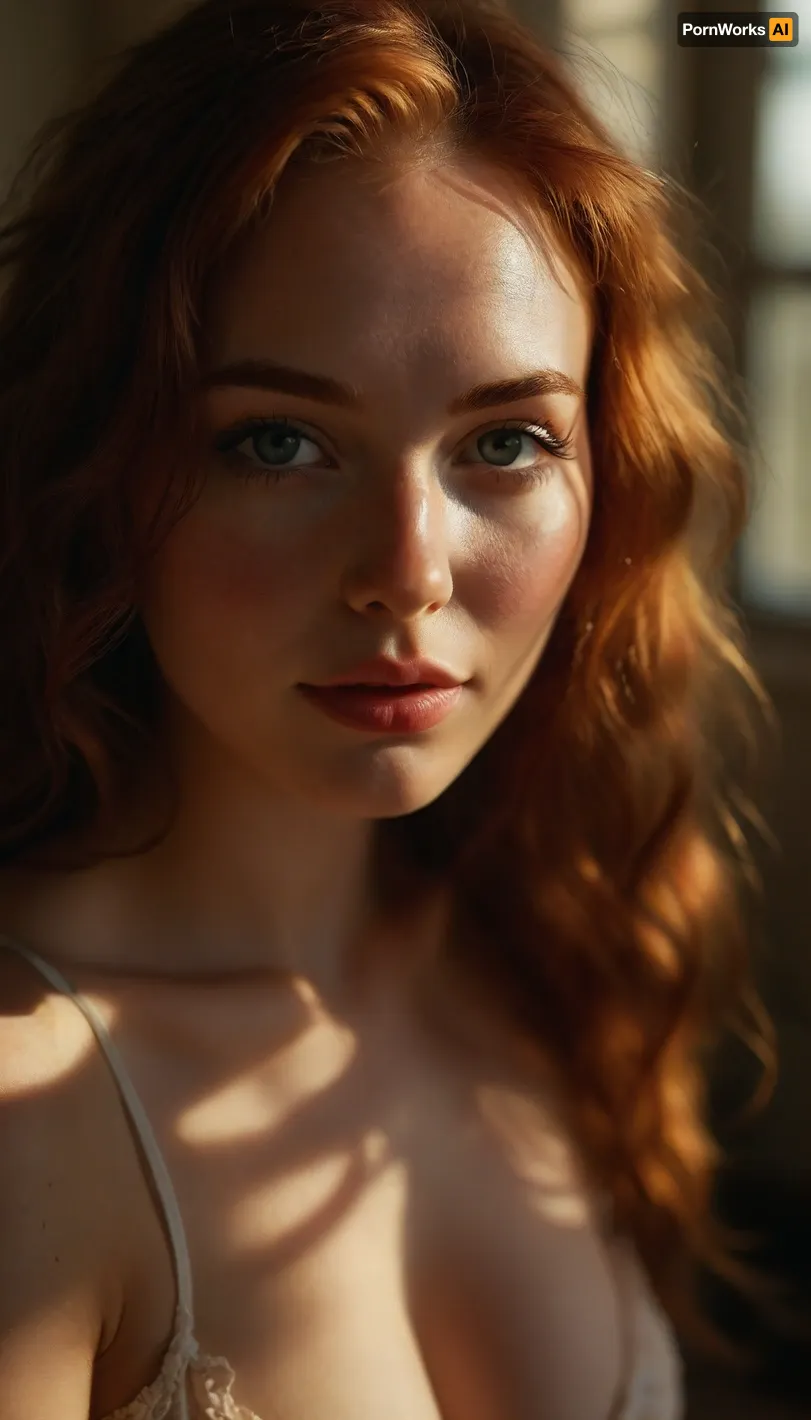 ziprealism, (avant-garde snapshot esthetic, intense lighting, warm sunny lighting, light bloom, god rays, hair glow lighting), (stunning eyes, catch lights, long eyelashes), (f/2.8, f2.8, very shallow depth of field, focus on eyes, low angle shot, profile shot:1.4), (cozy bedroom scene, huge windows, streaming sunlight), (vivid auburn hair, voluminous hair), (huge natural breasts, absurd boobs, soft breasts:1.2), (slender, slim body, skinny), (smug, smug expression, sexy smirk, dimples, full lips), (leaning forward, kneeling), <lora:MJ52:.8>
