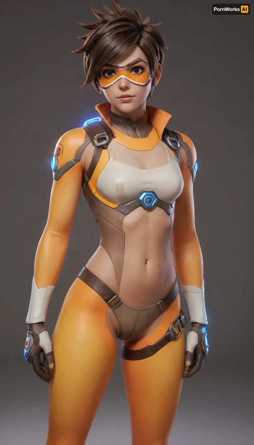 (((((Tracer from overwatch 2.5))))), (CrossFit body 2.5), (gymnastic legs and hands 2.5), (fitness ass 2.5), (medium tits 2.5), (very much blush on the checks and nose 2.5), (loving grey eyes 2.5), (open mouth 2.5), Posing, (absolutely naked 2.5), seamless white background, thin body, air bubbles, clean, minimalist aesthetic, soft shadow lighting, focus on body lines, medium body view, professional fashion photography