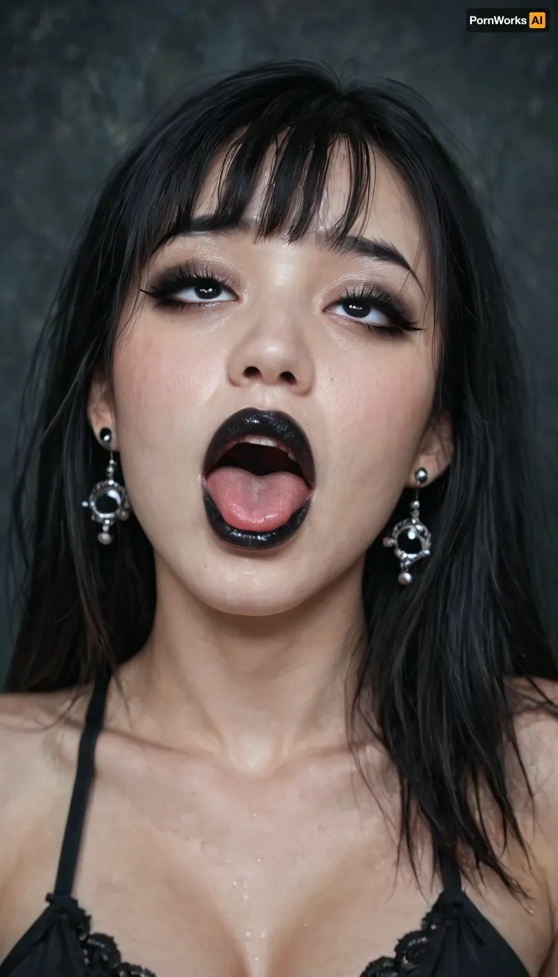 gothic, goth, (asian), pale skin, dark black eyes, black hair, bangs hair, black eyeliner, (black lipstick), white skin, perfect eyes, small eyes, detailed eyes, small nose, fake breasts, slut face, whore, (ahegao), sexy posing