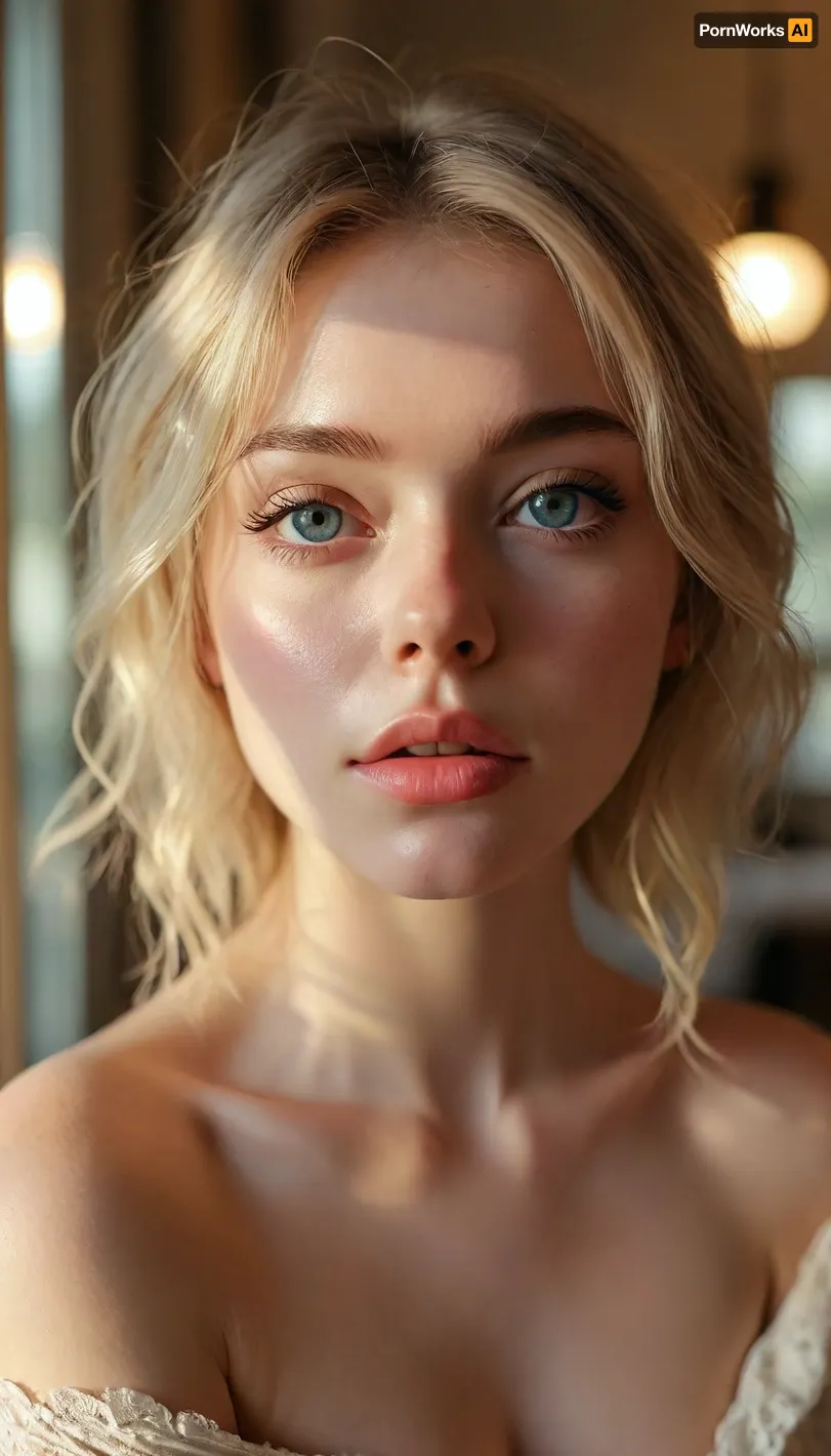 ziprealism, (avant-garde surreal esthetic), (light bloom, lens flare, hair glow lighting), (modern bedroom, large cozy windows), soft bokeh, (f/2.8, f2.8, (shallow depth of field), , , facial closeup, low angle shot, focus on eyes:1.4), (ash-blonde hair with dark roots, swept-back hair, short hair), (catchlights, limbal rings, large expressive eyes, bright stunning eyes, perfect eyes), (adoration, loving gaze, in love), (flawless porcelain skin:1.2), <lora:MJ52:.8>, igbaddie, <lora:igbaddie-XL:.4>