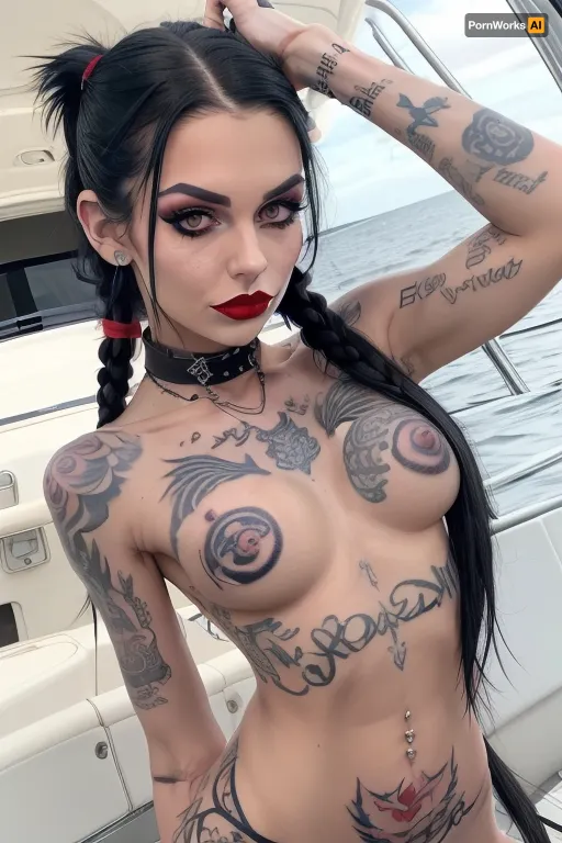 Élégance Edgy sur le yacht

- Oui.

Une jeune fille de 18 ans aux longs cheveux corbeaux noirs en queues de porc et une jolie expression faciale se tenait sur le pont d'un yacht. Elle portait une robe noire serrée, un collier noir et avait plusieurs tatouages couvrant ses bras, son estomac et ses épaules. La jeune fille a aussi porté des anneaux de tétons, une esthétique gothique et un rouge à lèvres rouge qui contraste magnifiquement avec sa peau pâle. Son cou mince et ses traits délicats lui ont ajouté une apparence frappante.
