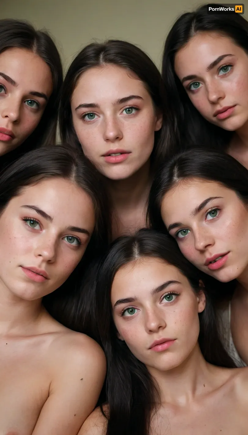 (((eight 18 year old sisters))), eight younger girls, naked, on a bed, long black hair, freckles, pink lipstick, green eyes, (masterpiece), (detailed), super hot face