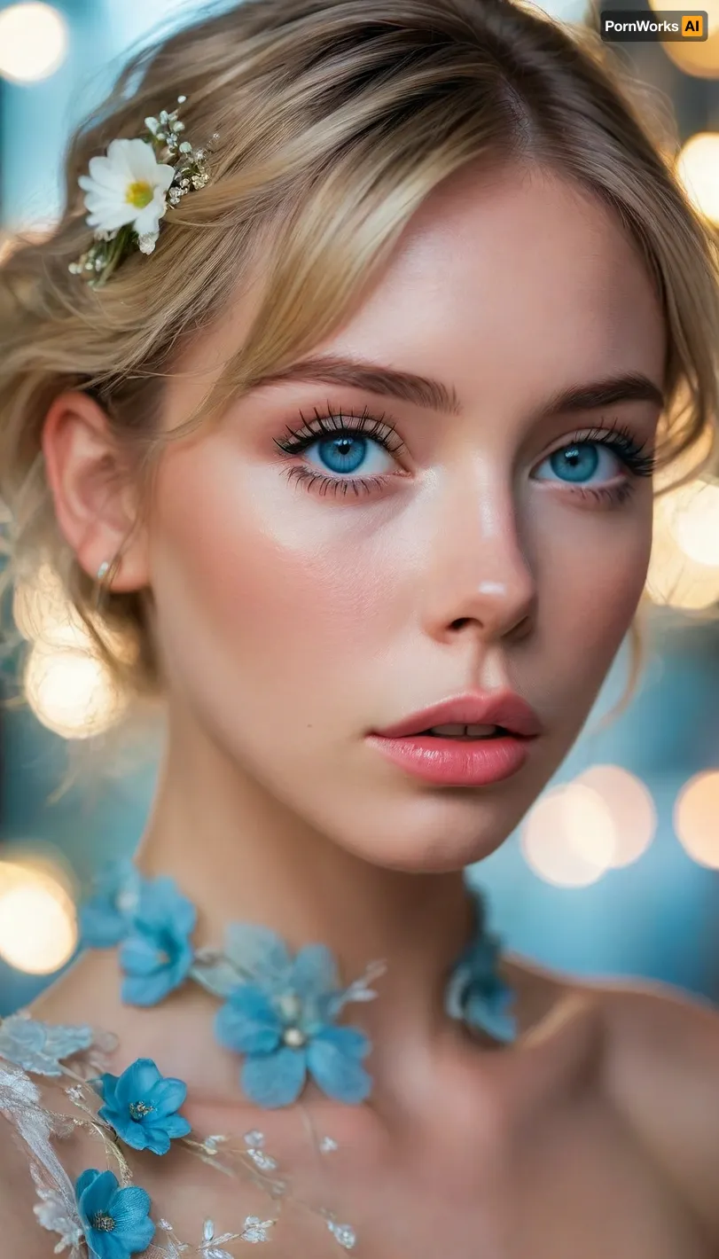 ziprealism, (avant-garde fashion esthetic, professional portrait), (f/2.8, f2.8, f28, (shallow depth of field), , , soft bokeh, face closeup, tight closeup, shot in profile, focus on eyes:1.4), (ash-blonde hair with dark roots, short hair, swept-back hairstyle, flowers in hair), (catchlights, limbal rings, large expressive eyes, stunning blue eyes, long delicate eyelashes, perfect eyes), (full lips, soft lips, soft facial features), (white waterline eyeliner, doe-eye makeup), (adoration, loving gaze, in love), (flawless porcelain skin), <lora:MJ52:.8>, igbaddie, <lora:igbaddie-XL:.4>