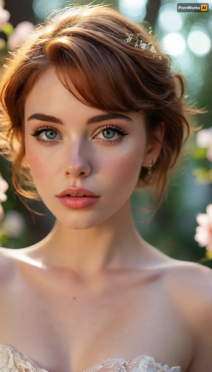 ziprealism, (avant-garde fashion esthetic, professional portrait), (f/2.8, f2.8, f28, (shallow depth of field), , , soft bokeh, face closeup, tight closeup, shot in profile, focus on eyes:1.4), (vibrant auburn hair with dark roots, short hair, swept-back hairstyle, flowers in hair), (catchlights, limbal rings, large expressive eyes, stunning eyes, long delicate eyelashes, perfect eyes), (full lips, soft lips, soft facial features), (white waterline eyeliner, doe-eye makeup), (adoration, loving gaze, in love), (flawless porcelain skin), <lora:MJ52:.8>, igbaddie, <lora:igbaddie-XL:.4>