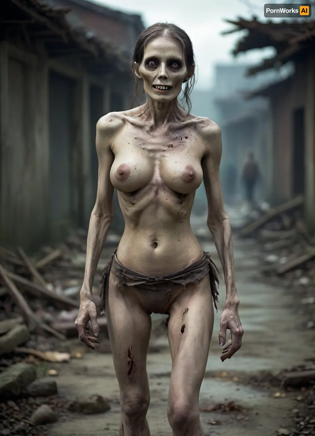 (Smiling zombie:1.4), An unnaturally skine mature Asian female zombie in full height. Her face is untouched and looks magnificent. Her anorexic figure is emphasized by torn clothing that exposes her skeleton. High-heeled shoes elongate her bony legs, large breasts, torn clothes, (one breast exposed:1.5), walking through a destroyed post-apocalyptic deserted Seoul, z0mb13, <lora:Zombie_XL_z0mb13:.9>, <lora:HellAI_XL-000011:.1>, <lora:Stunning_eyes_2:1.1>, <lora:EmmaWatsonFace2012-2017_resolution2048_v1.0-000025:1.2>, <lora:RPGSkeletonXL:.1>