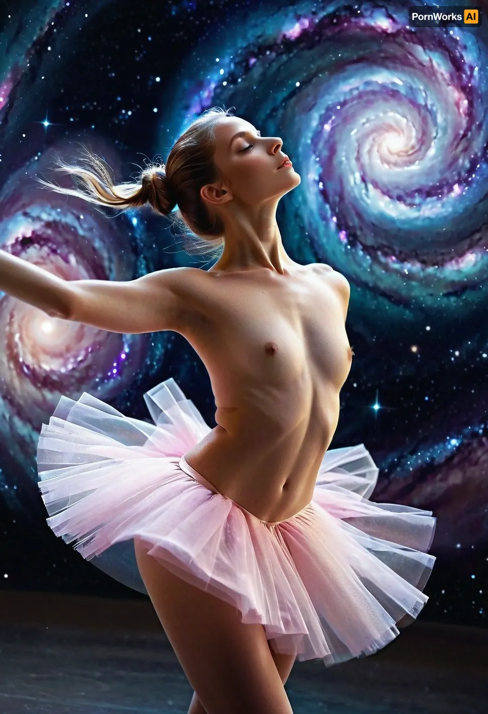 (Android girl:1.5), ballerina, ((naked in a ballet tutu)), fouetté in outer space, against the backdrop of a spiral galaxy, <lora:cyber_aesthetic_sdxl:1.1>