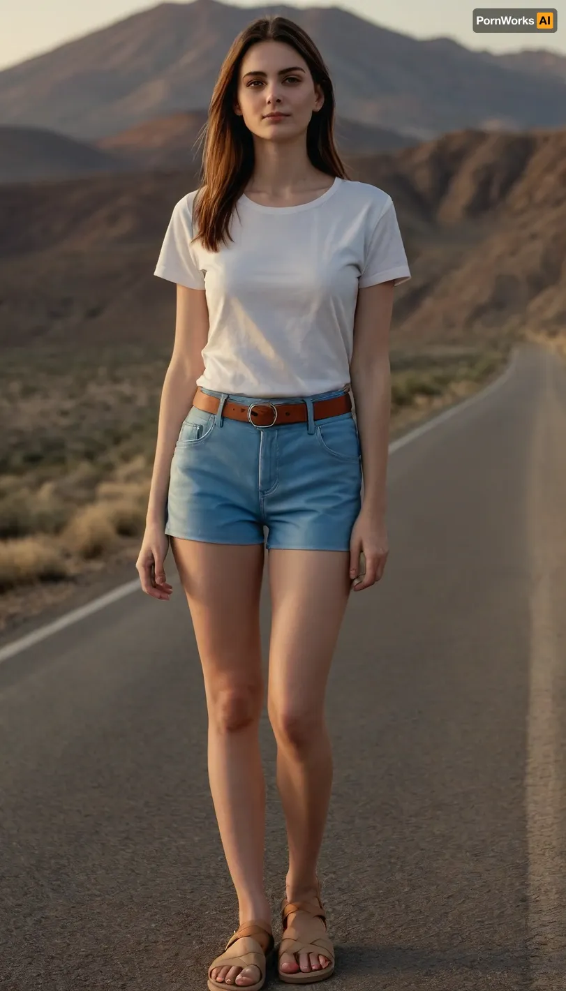 a young girl, brown straight hair to her waist, ((narrow hips)), normal build, (medium height), (very slender legs), (small breasts), serious, (((white T-shirt))), (((blue high-waisted shorts))), (((brown leather belt))), (((beige sandals))), posing on the side of the highway, surrounded by a desert landscape, mountains on the horizon, orange evening sun, Natural face, hight resolution face, no makeup, visible pores, ultrarealistic skin texture