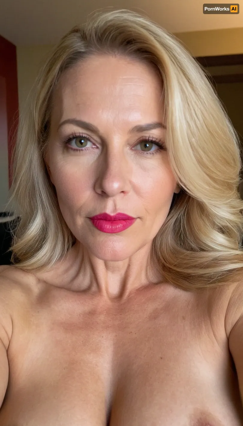 naked, flat Boobs, flat breast, 50 years old, blond hair, medium hair, Milf, sexy wife, wife, Red lips, pink lips, make a selfie