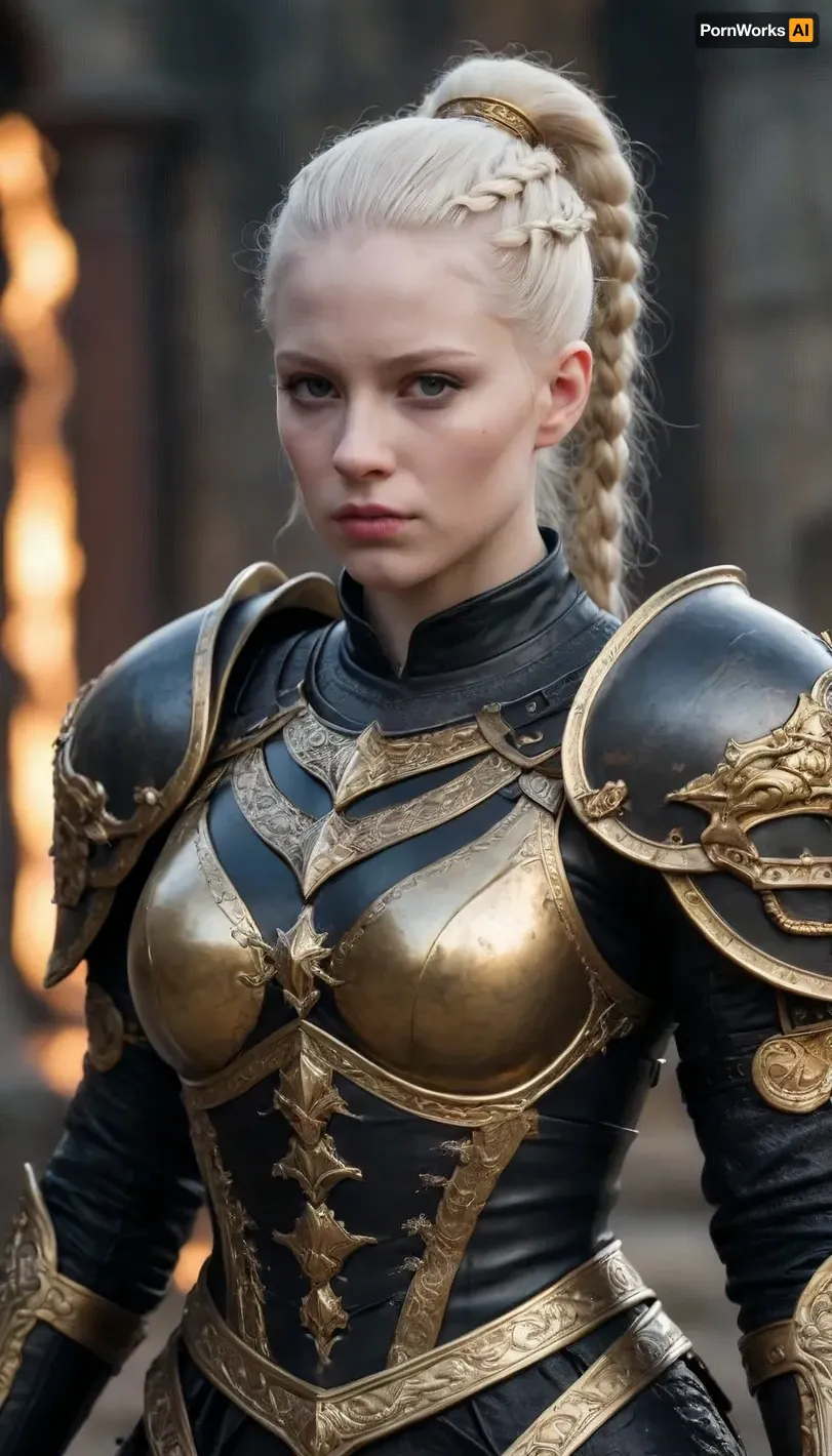 Tense Young Dark Female albino Warrior for the God of Chaos and War in fearsome and also beguiling wealthy expensive ornamated pomp splendor pageantry magnificence opulence, sumptuousness heavy armor in very black and bright gold with piquant insights. One very elegant braided ponytail, the whole appearance radiates dominion rule reign dominance power control, She carries the ceremonial helmet under her armpits. Many fresh blood splashes from the slain opponents are on the face and on the armor. She stands as a shining centerpiece on a fantasy medieval raging bloody cruel crowded battlefield.