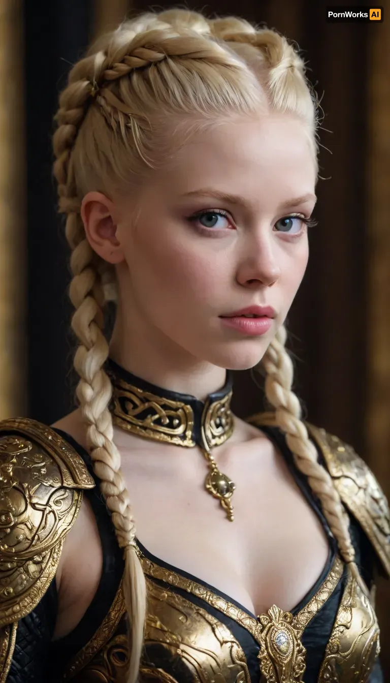 Tense Young Dark Female albino Warrior for the God of Chaos and War in fearsome and also beguiling wealthy expensive ornamated pomp splendor pageantry magnificence opulence, sumptuousness heavy armor in very black and bright gold with piquant insights. multi-braided hairstyle