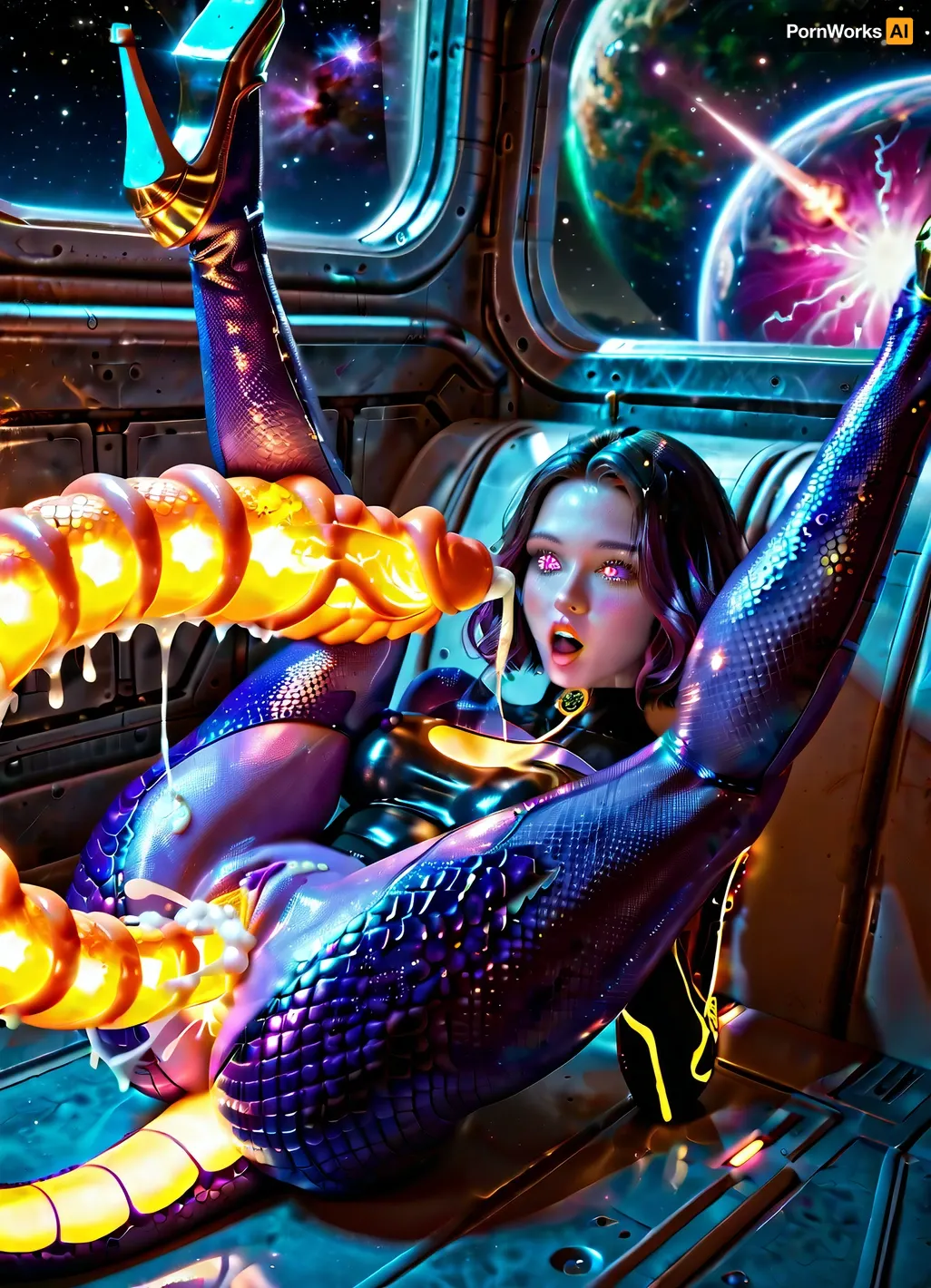 two space color futanari, purple mini futa, green huge futa, space, alien, transgender futa, futanari, skinny futa, thin futa, slender fit ass, athletic legs, vagina under a dick, have sex, in a space ship laboratory. green slime on the wall and on the floor. Their skin is covered with scales. 18 year old. Cute faces, no clothes. Long beautiful legs. There are claws on his hands. Wet. There are many different planets in the window, galaxies, a quasar, spaceship. Lots of colorful thick cum. A huge cock with veins, ass sex, fuck on behind, cumming on ass, cum on back, cum on flor, distance photo, 8k, UHD. super quality, detailed face, futanari missionary sex on a cosmic shower on ship, detailed legs, futa fuck futa, futanari sex, futa porno, cosmic dick. purple skin tone, blue vagina, used vagina, use ass, a young face, a sweet face, glowing eyes, glowing growths on the body, double sex, glowing dick, glowing tits, glowing vagina, glowing cum, glowing sperm, glowing boobs, Skin-tight sexy full-body space alien glows costume, transparent glows clothing, fiery cum, cum glows, glows mucus on the surface, glows hair, glows body implant, glow clothes, scales, scales on the skin, glow dragon's tail, glow reptile's tail, glow body, glow steampunk body, glow mechanical body, realistic face, super real face, super detailed face, beautiful face, mirrors, surprised face, mirror floor