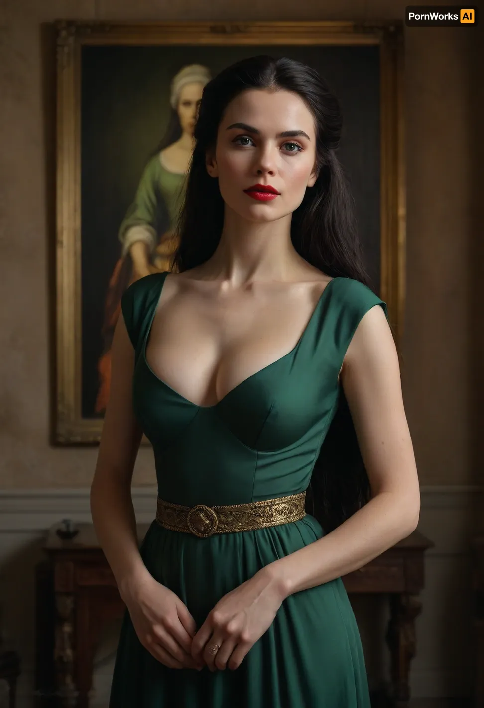 Super realistic image, full color image, full body view, 8K quality, In a room of an ancient castle, a very beautiful young woman with a magnificent figure and confident posture, long black hair, green eyes, full red lips, large slightly sagging breasts, thin waist, slender figure in a chic dress with a deep wide neckline, stands in a defiant pose with proudly raised head, in front of a large portrait on which she is depicted as an ancient old woman. Signed on the frame of the portrait “Dorianne Gray”, studio lighting, half-length view, full-length body
