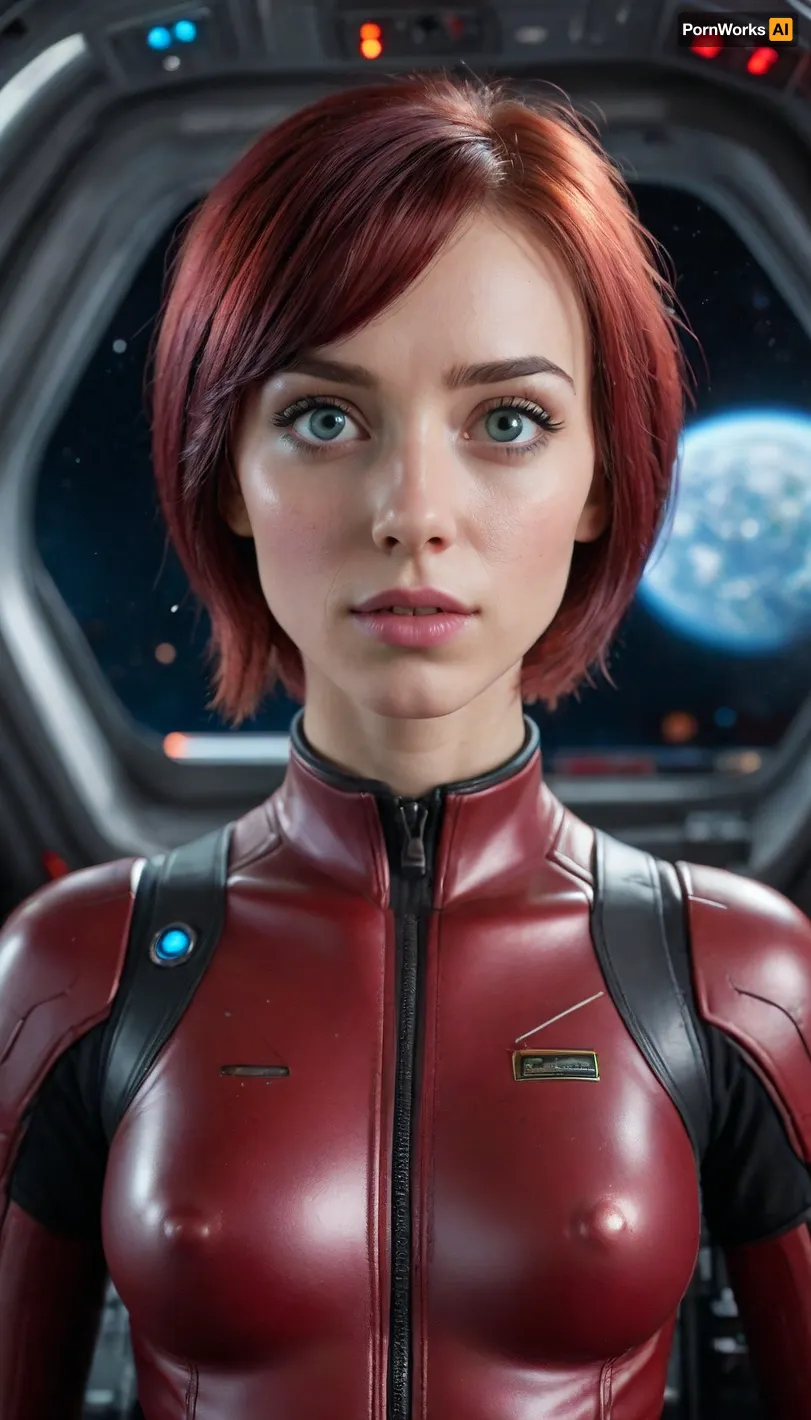 ultra realism, ultra-realistic, hyper-detailed, photorealism, (ultra detailed face:1.3), Euro-American, adult girl, cute face, big eyes, symmetrical eyes, (detailed iris), (detailed mouth), (skinny:1.3), bright blue eyes, small breasts, crimson hair, short hairstyle, Upturned nose, dimples on cheeks, full-length, space, spaceship, stars, (dirty red dark futuristic suit), spaceship cockpit, instrument panel, planets and star, fright