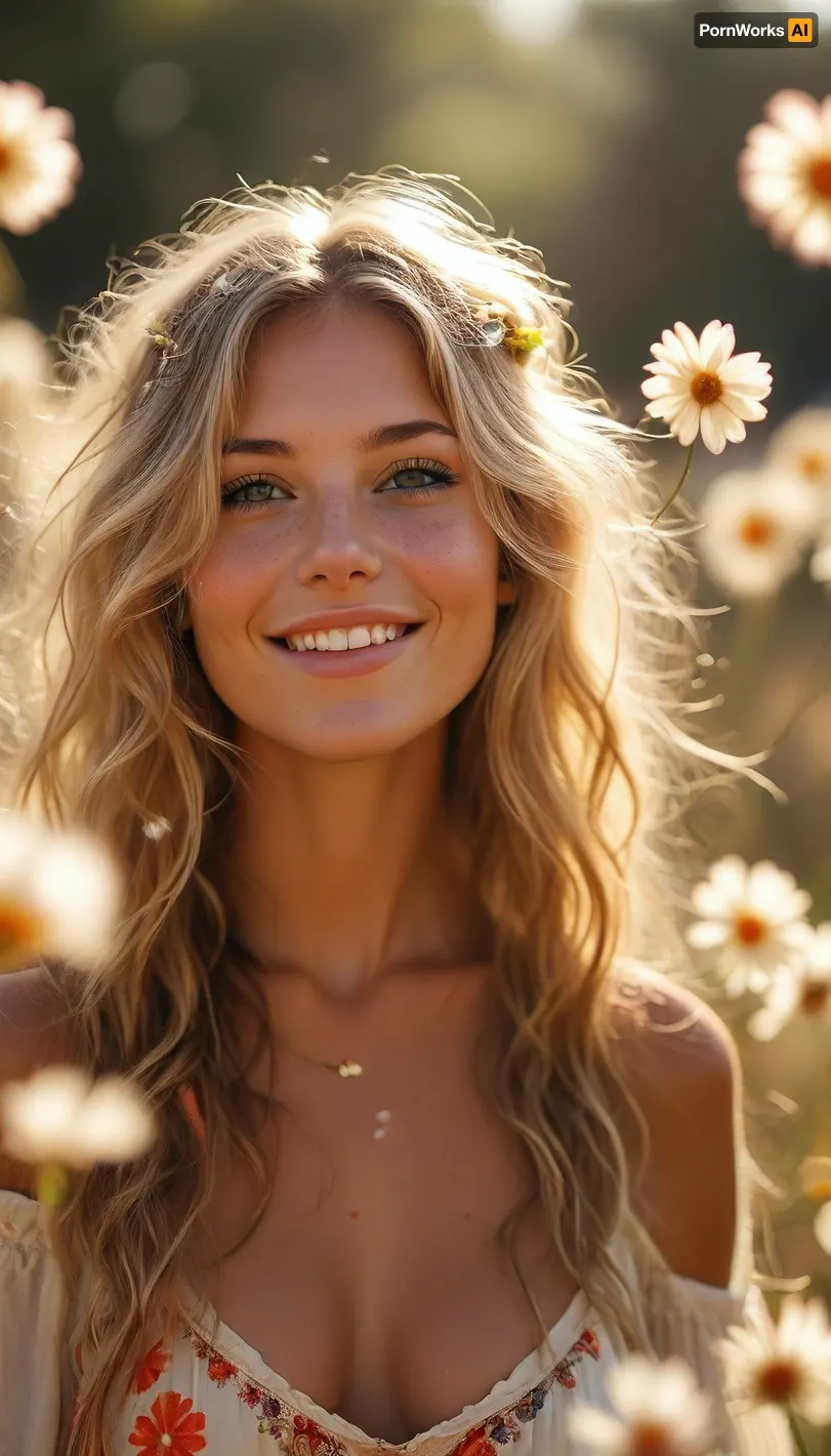 ziprealism, (hippy woman basking in wonderment, bright joyful smile, floating flower petals swirling in the breeze, warm glowing sunlight, beautiful sunny day, glowing silhouette:1.4), (f/2.8 shallow depth of field, creamy bokeh, tight headshot, extreme face closeup, layered composition with subtle foreground, focus on eyes:1.4), (sand-blonde hair, loose flowing hair, flowers in hair:1.4), (catchlights, sharp contrasting limbal rings, large expressive eyes, stunning eyes, perfect eyes, slightly downturned eyes), (full lips, soft lips, moist lips), (porcelain skin, natural skin texture), <lora:MJ52:1.4>, but, <lora:BUT_SDXL_SHS:.2>