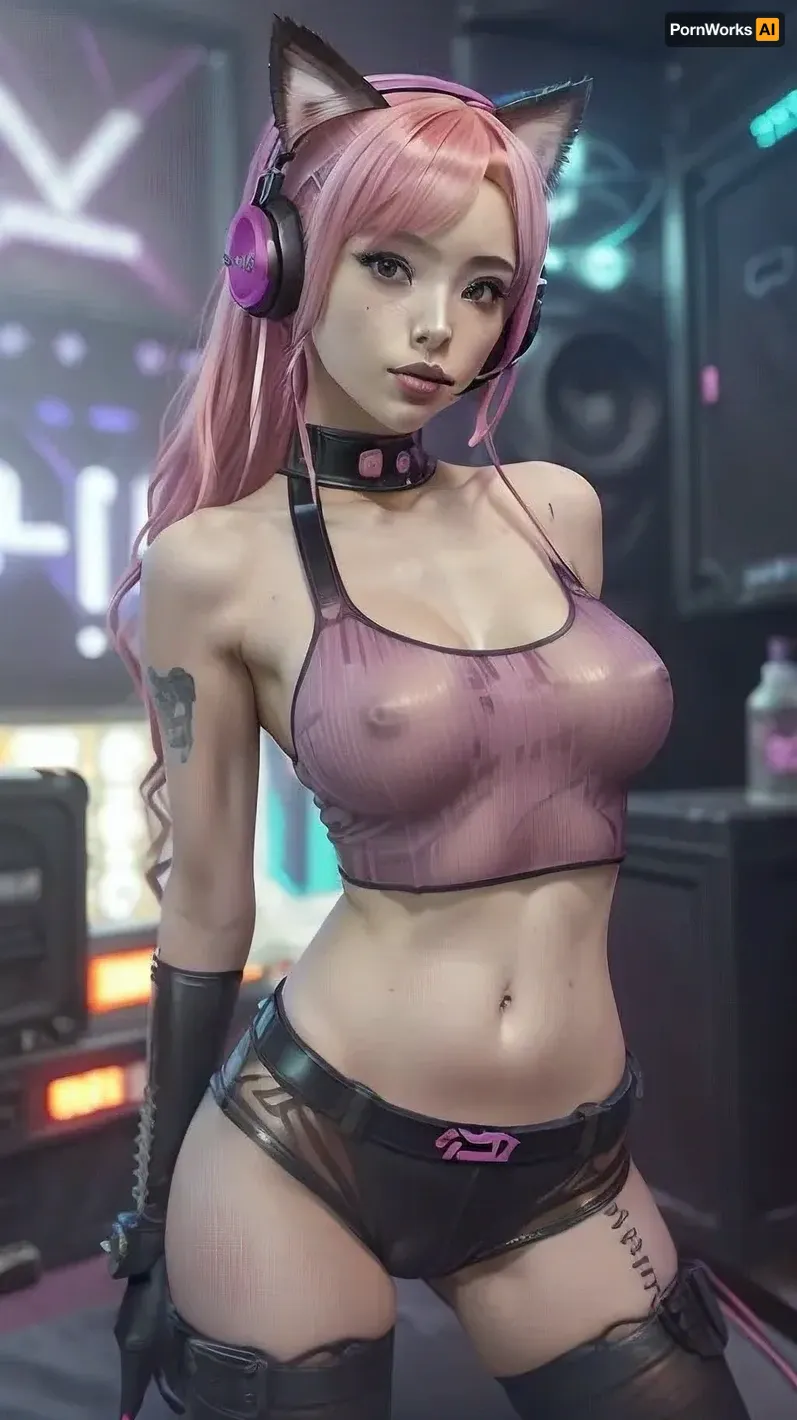 (1camgirl 18 yo with pink hair in a sexy outfit with headphones and a cat ears), m4 sopmod ii girls frontline, oppai cyberpunk, seductive anime girl, perfect android girl, cyberpunk anime girl, artwork in the style of guweiz, female cyberpunk anime girl, trending at cgstation, trending on cgstation, fine details. girls frontline, from girls frontline, girls frontline universe, guweiz, cyberpunk femme fatale, nude, with pokies, SkinPerfection_NegV15, (slim girl), (small breasts), (small butt), lingerie, (freundliches lächeln), ((cat pose)), candy room, amplifier, ((she is a singer in a metal band that is currently playing at a festival)), <lora:pokies_9:.9>