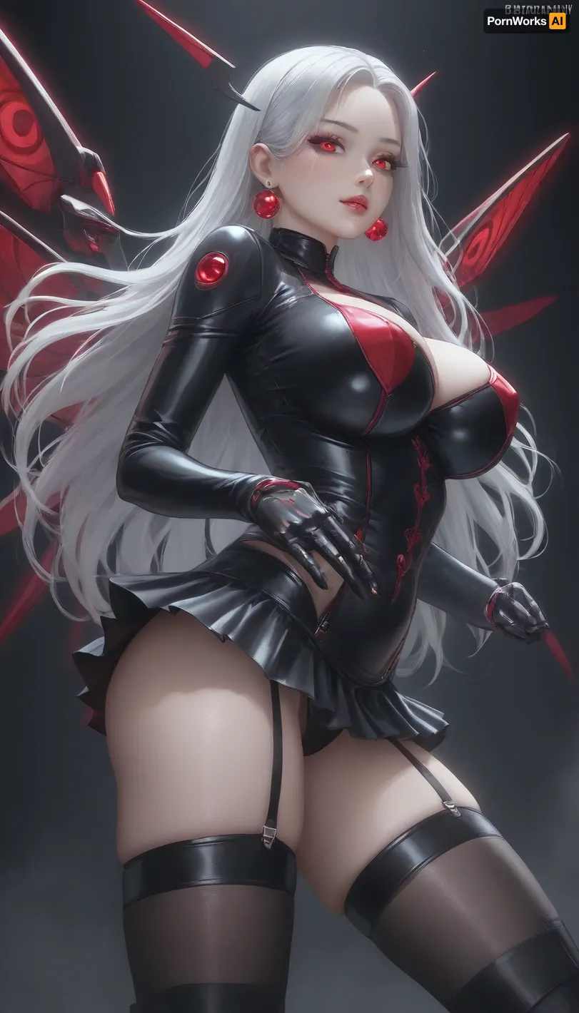 (1womens:1), robot girl, beatuiful slim, long hair, white hair, beautiful robot eye, big robot wings on bake, very huge breast, big ass, neon red mini short and mini skirt, high quality, looks at the viewer, milf, Close-up view, lust and falling in love