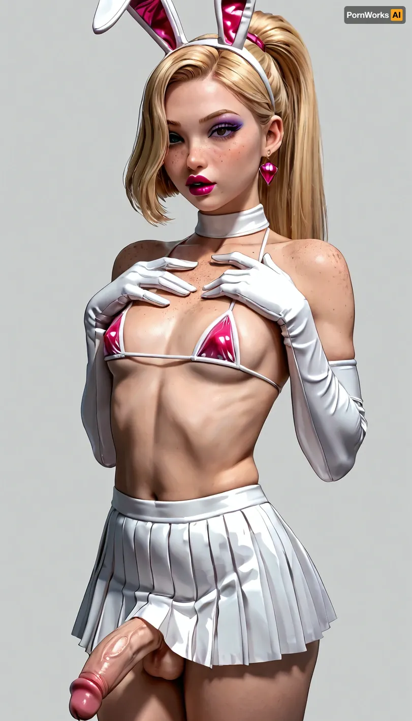 Jessica rabbit, ((very skinny and tall)), 50 yo, ((Transsexual with medium sized cock squirts sperm)), bimbo slut, red transparent plastic micro jacket, blonde hair, (freckles:1.5), high ponytail with bangs, ((very big plump lips)), medium breast, heavy Sexy makeup, ((Sexy makeup, intense saturated glossy magenta lipstick)), transparent red plastic micro bikini, white latex pleated micro skirt, white latex rabbit ears, gloves, (femboy, Big cock comes)