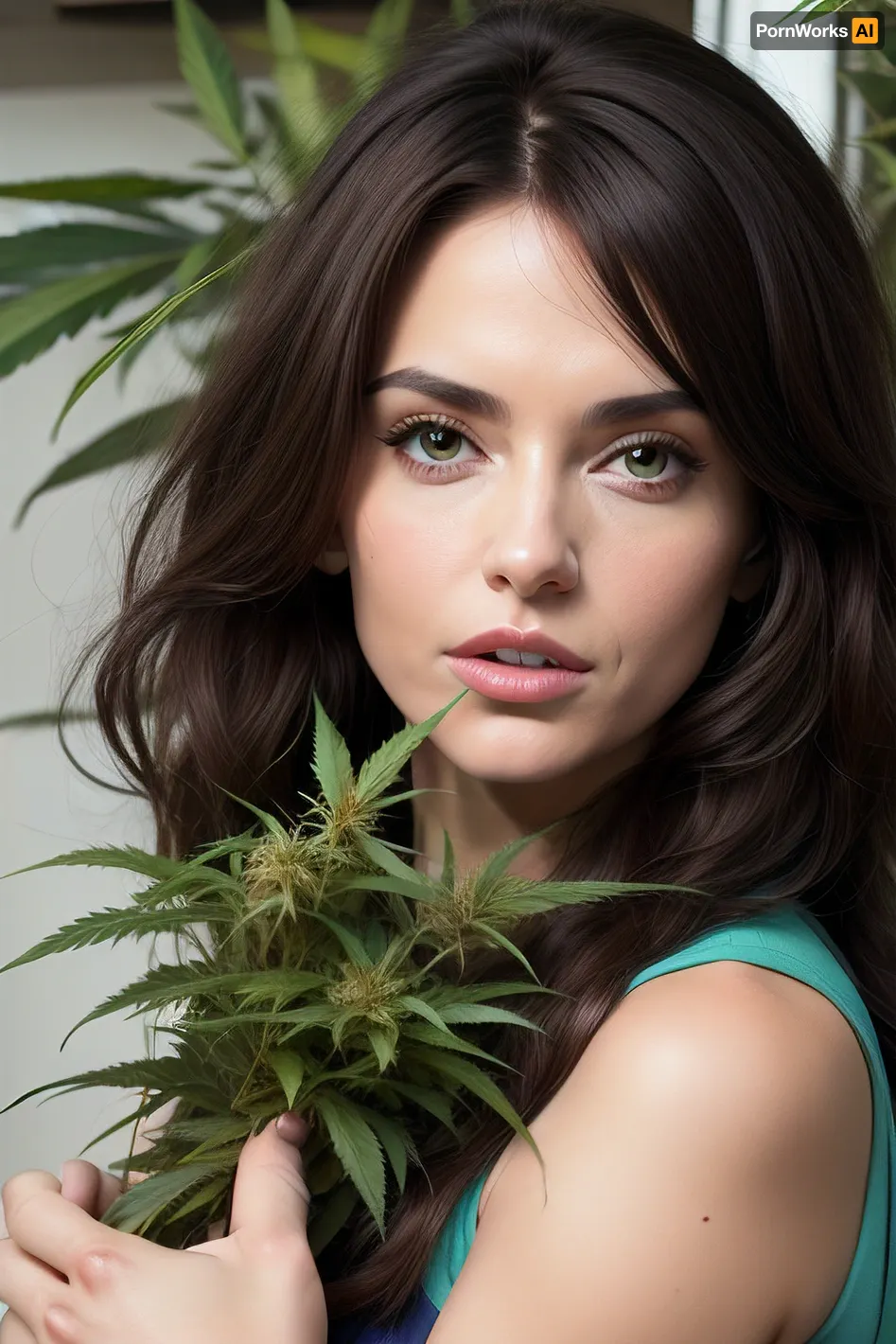 A brunette woman 42 yo in costplay-style various Cannabis. #©KITTYART



#©KITTYART