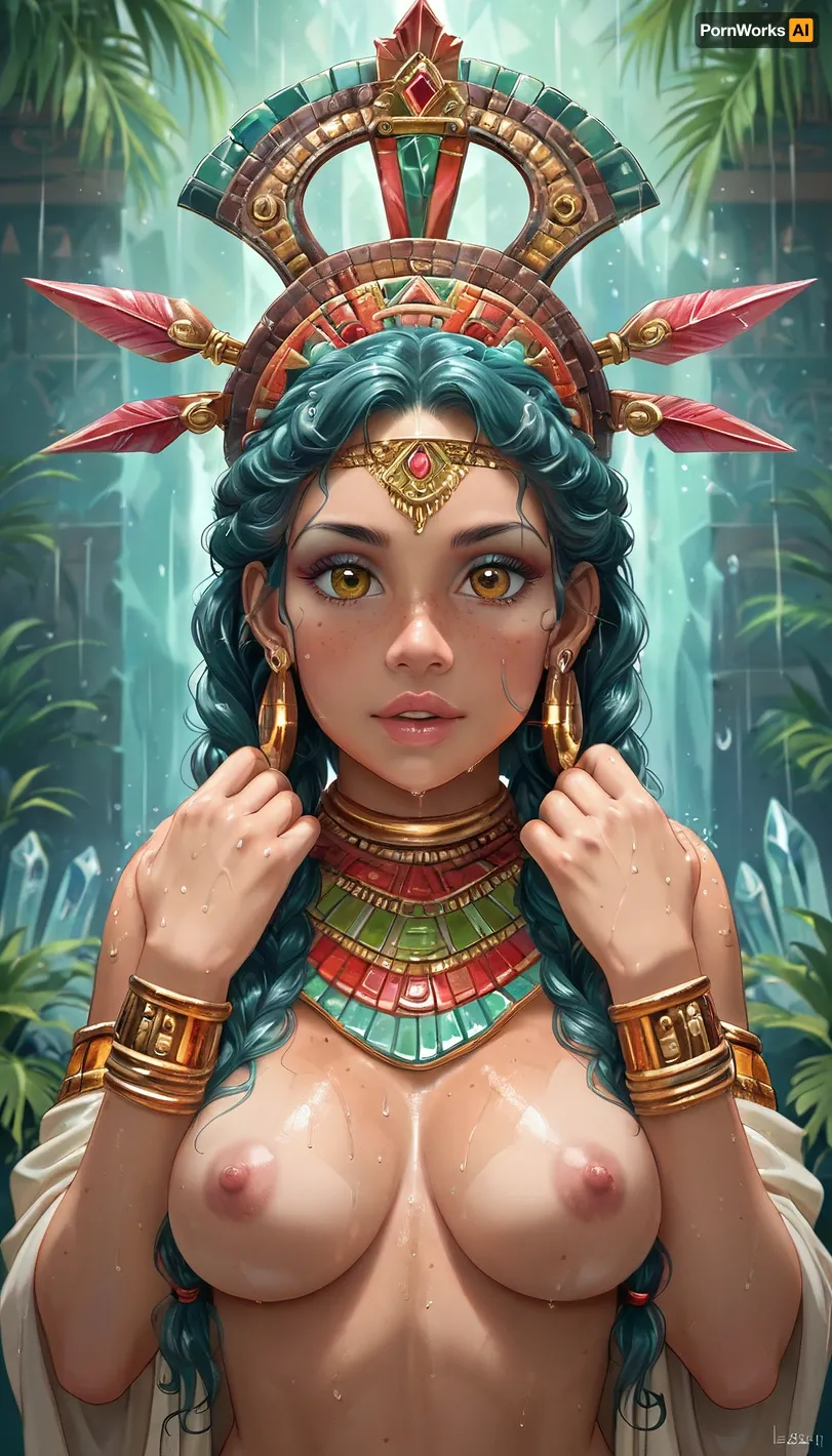 A Aztec priestess performs a rain-making ritual, (((in a crystal temple))), ((hands up)), ((crystal)), exposing her perky tits, orgazm, <lora:shirtpull_SDXL:.8>, style, of, Aztec, <lora:tbh264-sdxl:.8>, Jed-Blmicry, <lora:BioIceCrystalStyle-000006:.8>, ral-crztlgls, <lora:ral-crztlgls-sdxl:.8>, crystalline, <lora:EnvyCrystallineXL01:.8>