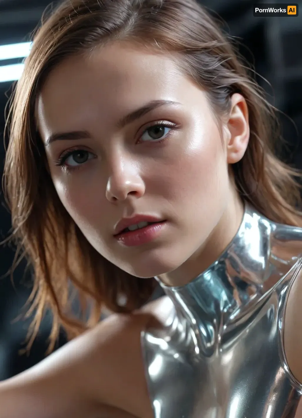 Cinematic close-up, liquid metal young woman transforming dynamically, morphing from a flexible, stretching gel into a solid transparent crystal, hyper-realistic lighting, glowing electric pulses inside the material, stunning macro details, futuristic sci-fi feel, volumetric shadows, ultra-HD CGI, photorealistic reflections, high-end cinematic quality., [Truck left, Pan right, Tracking shot]