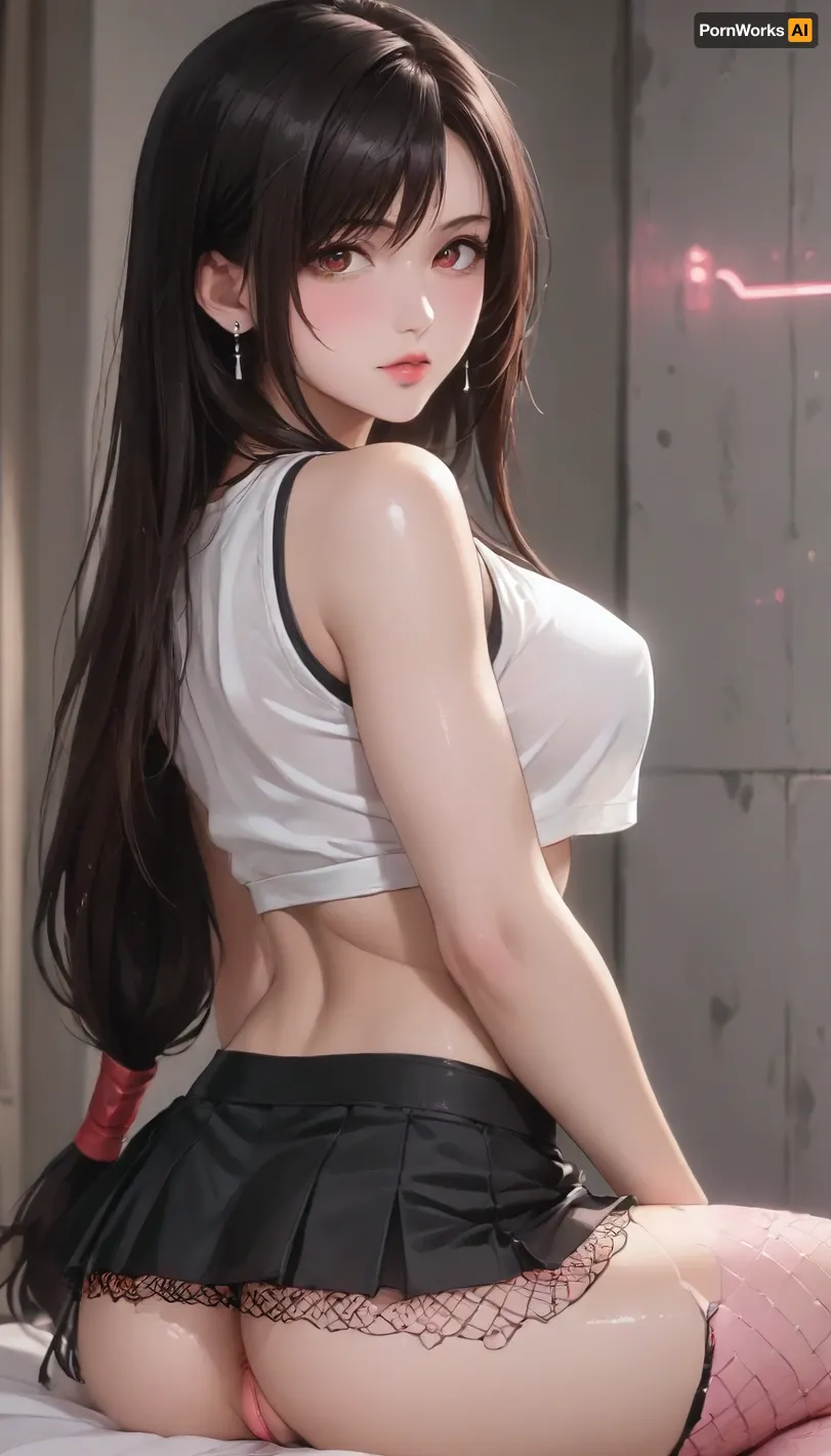 ai_generated, (Tifa Lockhart, pretty face, crop top, fishnet under shirt, mini skirt, long hair), large_breast, showing_back, ass, sitting, ((facing her back to viewer)), Sexy Girl, (Shiny Skin), ((perfect pussy)), ((Hentai)), g0th1cxl, glowing, neon, <lora:outline_xl_kohaku_delta_spv5x:1.6>, <lora:NEOTOKIOXL_0.2_RC:.7>, <lora:Ppolar-P3v1-NbVp10:1.6>, <lora:cartoon_stickers_xl_v1:1.2>, <lora:g0th1cXL:1.4>