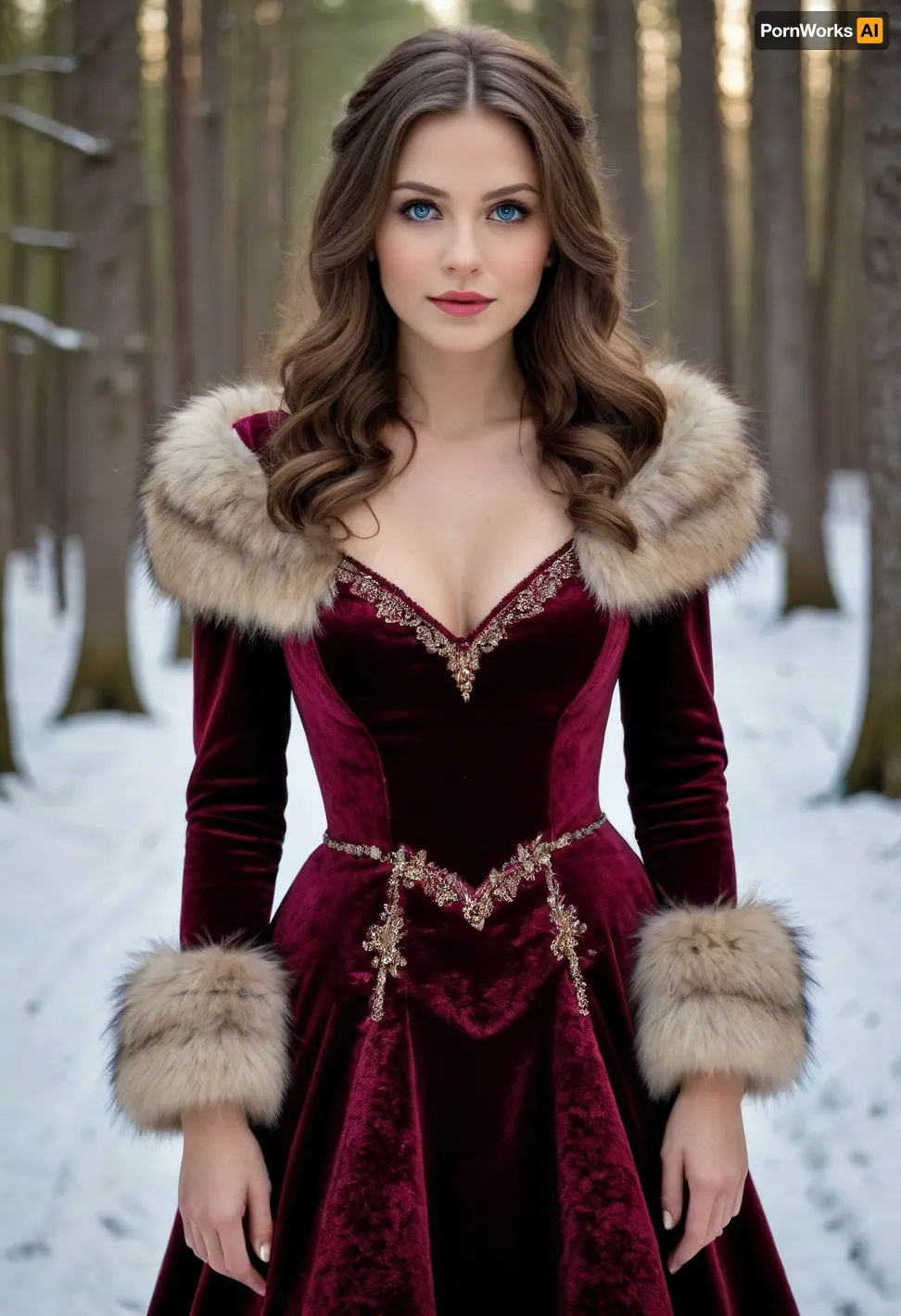 (masterpiece, best quality:1.2), 1 czech 30yo woman, (she wears a opulent heavy velvet dress with fur, like a princess:1.4), outdoors, (long wavy brunette hair:1.2), bright blue eyes, in snowy winter landscape, in the woods, photorealism