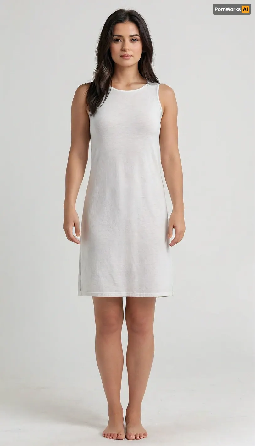 Young woman, black long straight haire, plump, plump shoulders, thick arms, Roundness of shapes, small breasts, barefoot, Below average height full body shot, centered in the frame, facing forward, photorealistic style, studio shot, simple white background, soft lighting, natural light, high detail, 8k resolution, smooth skin, digital painting., relaxed, mini, dress, <lora:BT_Relaxed_Mini_Dress_XL:.8>