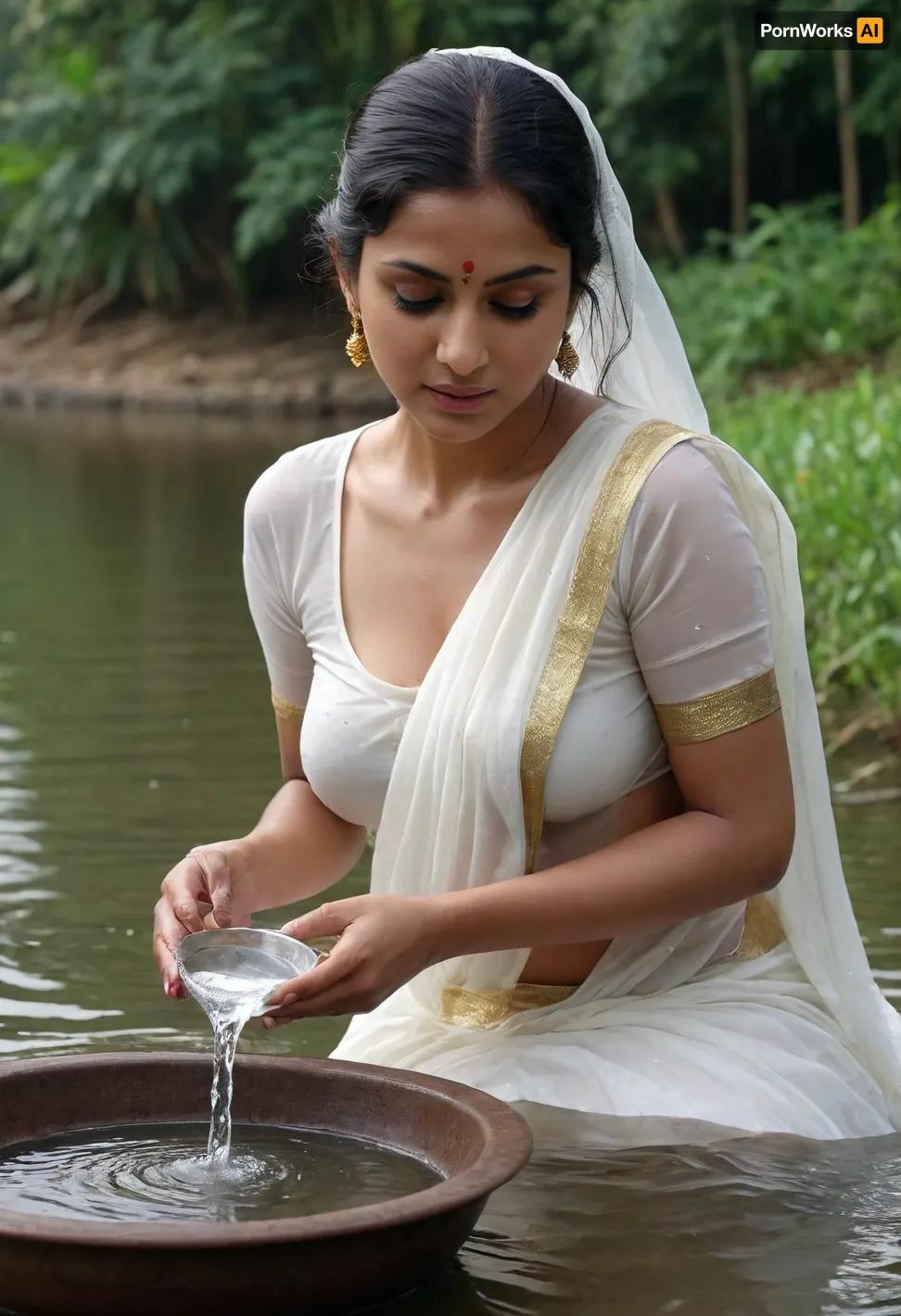 Imagine it's the year 1990. A married woman is wearing a transparent white saree without a blouse. She is completely wet. Her beautiful round large breast are visible through her saree. She is pouring water into her pot from a lake