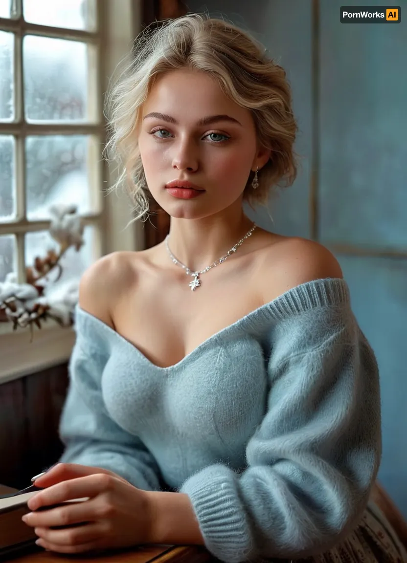 (masterpiece, best quality, ultra-detailed, photorealistic, HDR, cool Nordic window light), 18-year-old Swedish girl Agata, Stockholm, elongated pear-shaped face with narrow jaw, nearly translucent icy skin with soft frost-pink blush, prominent cheekbones, short narrow nose with flat tip, unique light-silver eyes with warm golden ring at the limbus, short plush low-set brows, (ultra-glossy, very short plump lips with visible asymmetry:1.5), lips tinted in cool pink gloss, quiet thoughtful smile, eyelids with pale silver and light taupe, short fuzzy lashes, fine brow and lash texture, long platinum blonde hair with a gentle wave, (tucked behind one ear:1.2), low rounded hairline, visible shoulders and upper chest in an off-shoulder pale blue angora sweater, fluffy texture softly draped above bust, silver snowflake necklace, cozy Scandinavian interior with candles, books, frosted window, correct anatomy, crisp cool color and exceptional detail, <lora:MJ52:1>, <lora:SDXLHighDetail_v6-000005:.8>, <lora:Microwaist_XL_v01:.8>