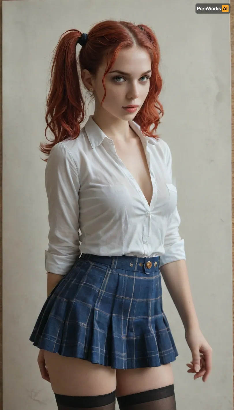 fantastic light airbrushing, volume, pearl tones in the style of Fallout New Vegas, a 50% dressed red-haired girl from Safe 22, ponytails hairstyle, short plaid school skirt in the style of Fallout Vault, stockings with a wide elastic band, a small settlement of survivors, yellow light filter, drawing, watercolor
