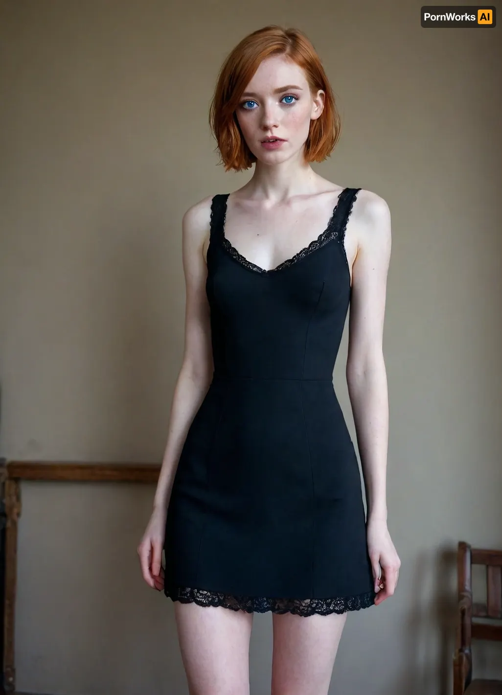 1girl, 25 years old, tall height, french, bob cut ginger hair, wasp waist, freckles, short black dress with laces, stokings, thin, slim, solo, huge blue eyes, perfect eyes, white pale skin, realistic, long slender legs, full height photo, tired face, exhausted, (eyes rolled back), tears, pale, skin, <lora:Pale_Skin_SDXL_v1.0:.8>, <lora:f1ngering:.8>