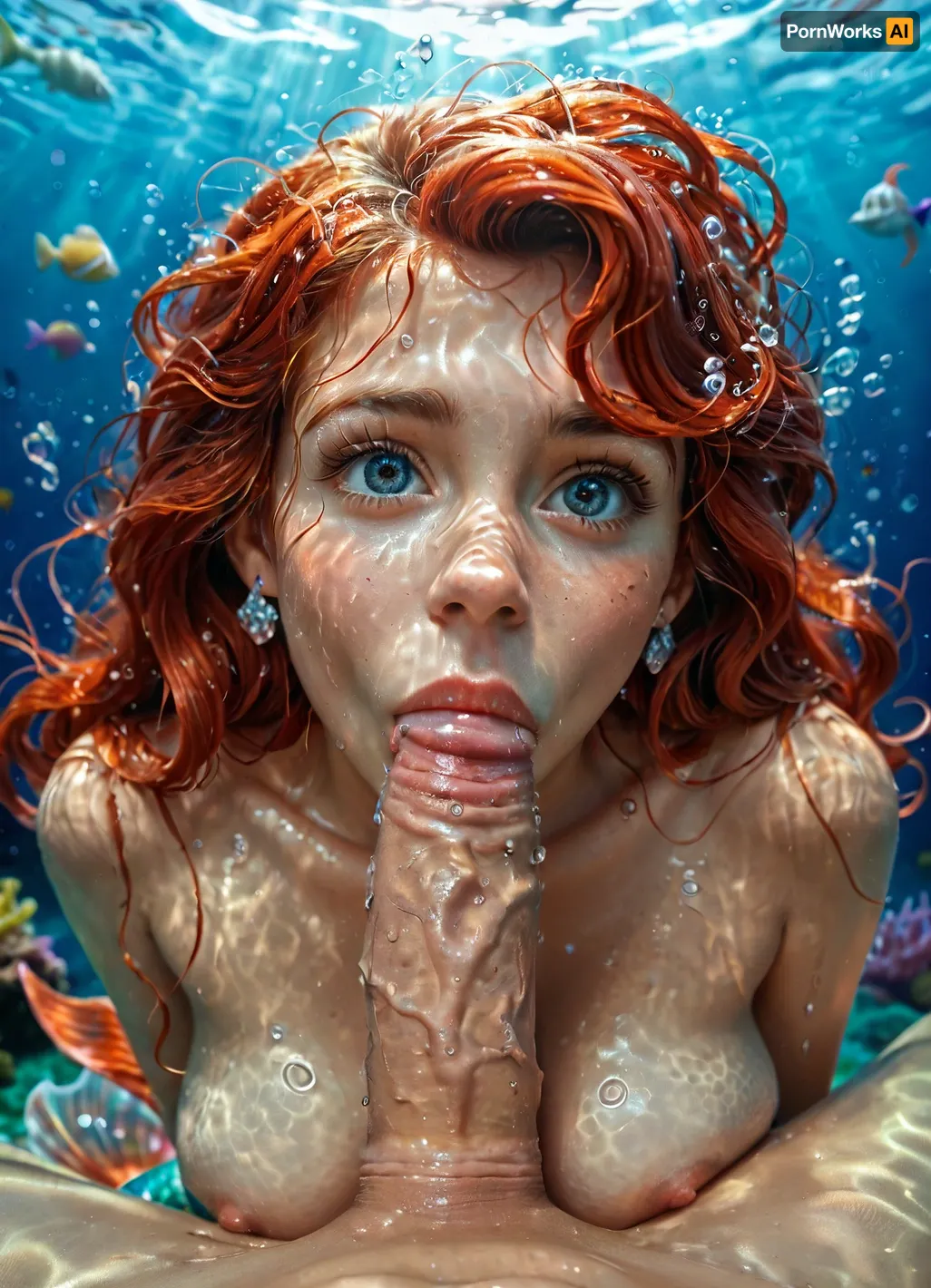 disney, redhead Princess ariel, the little mermaid, mermaid body, topless, messy hair, looks curious, wet body, wet hair, detailed background, perfect detailed body, detailed skin texture, cute face, realistic face, full body view, under the sea, swimming towards camera, nude, breast exposed, blowjob, pov, FRESHIDEAS, Underwater, Palace, mermaid, <lora:FRESHIDEAS Underwater Palace:.8>, <lora:mermaid_xl_v1:.8>