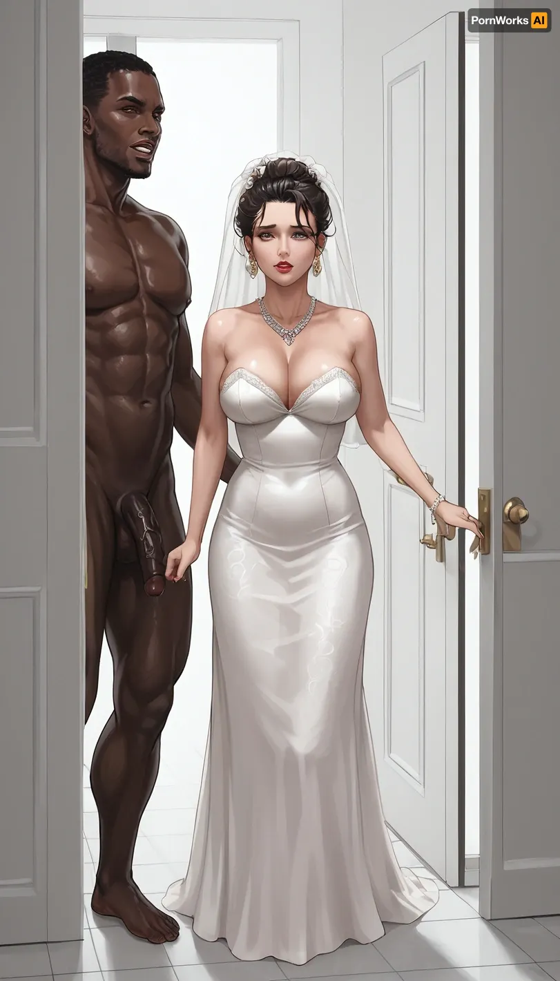 white milf fucked by naked black man, (interracial:1.5), African brute, hesitant, (pale skin:1.1), bride, before fucking, doorway