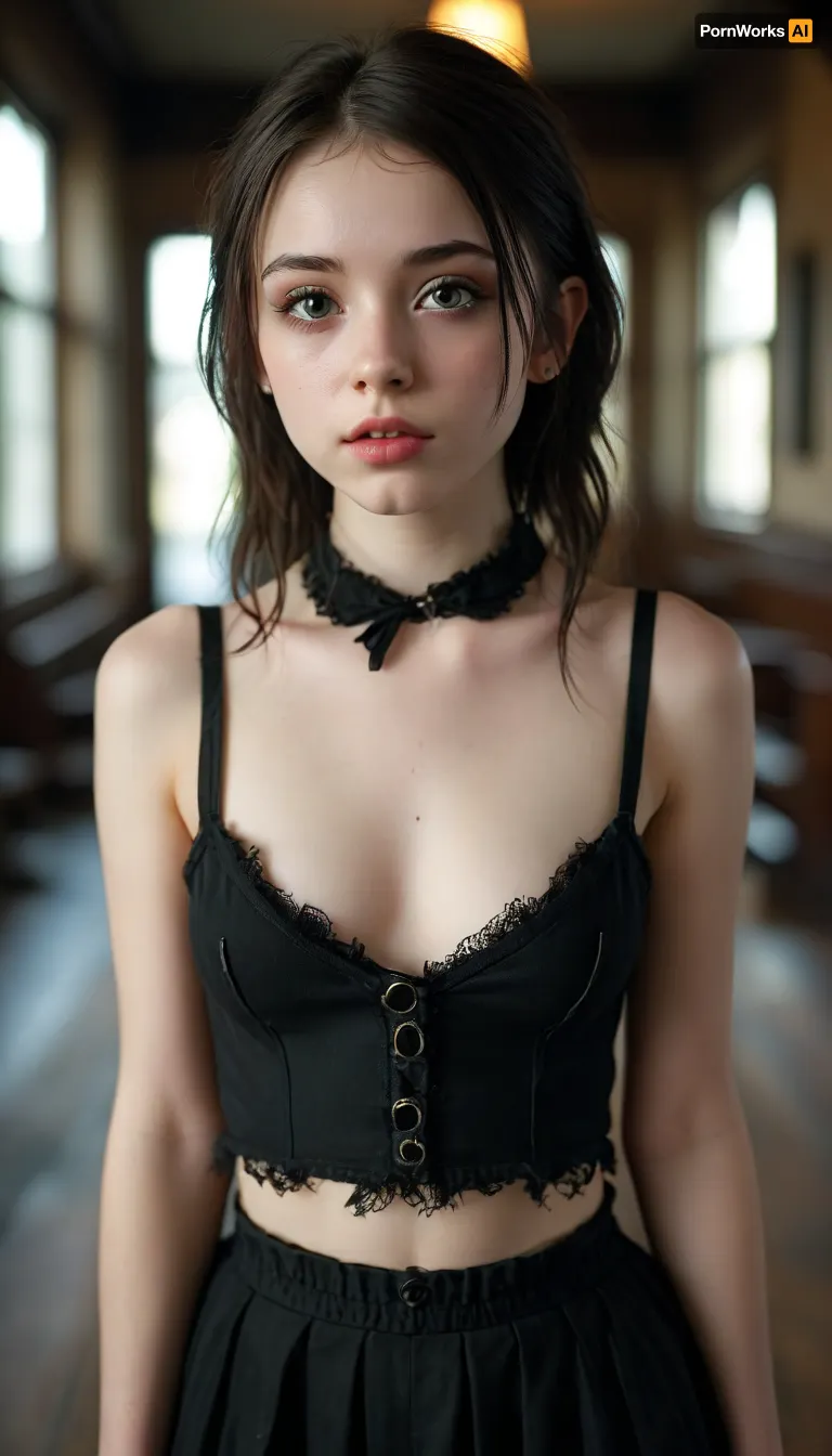L'étudiant en gothique énigmatique

- Oui.

La petite élève avec une peau pâle et un visage parfait se tenait dans le couloir, ses yeux brun foncé fumaient avec un air de mystère. Elle portait un haut révélateur déchiré qui s'attache à son petit corps délicat, montrant ses petites courbes. L'esthétique gothique était complète avec son rouge à lèvres noir et ses accessoires inégalés. Autour de son cou pendait un délicat choker orné d'une petite croix. Ses traits mignons étaient presque trop à gérer car elle a ajusté l'ourlet de son haut, révélant un peu plus de sa peau lisse. Le gros plan a capturé tous les détails de sa jeune beauté de 18 ans, laissant tout le monde dans l'admiration.