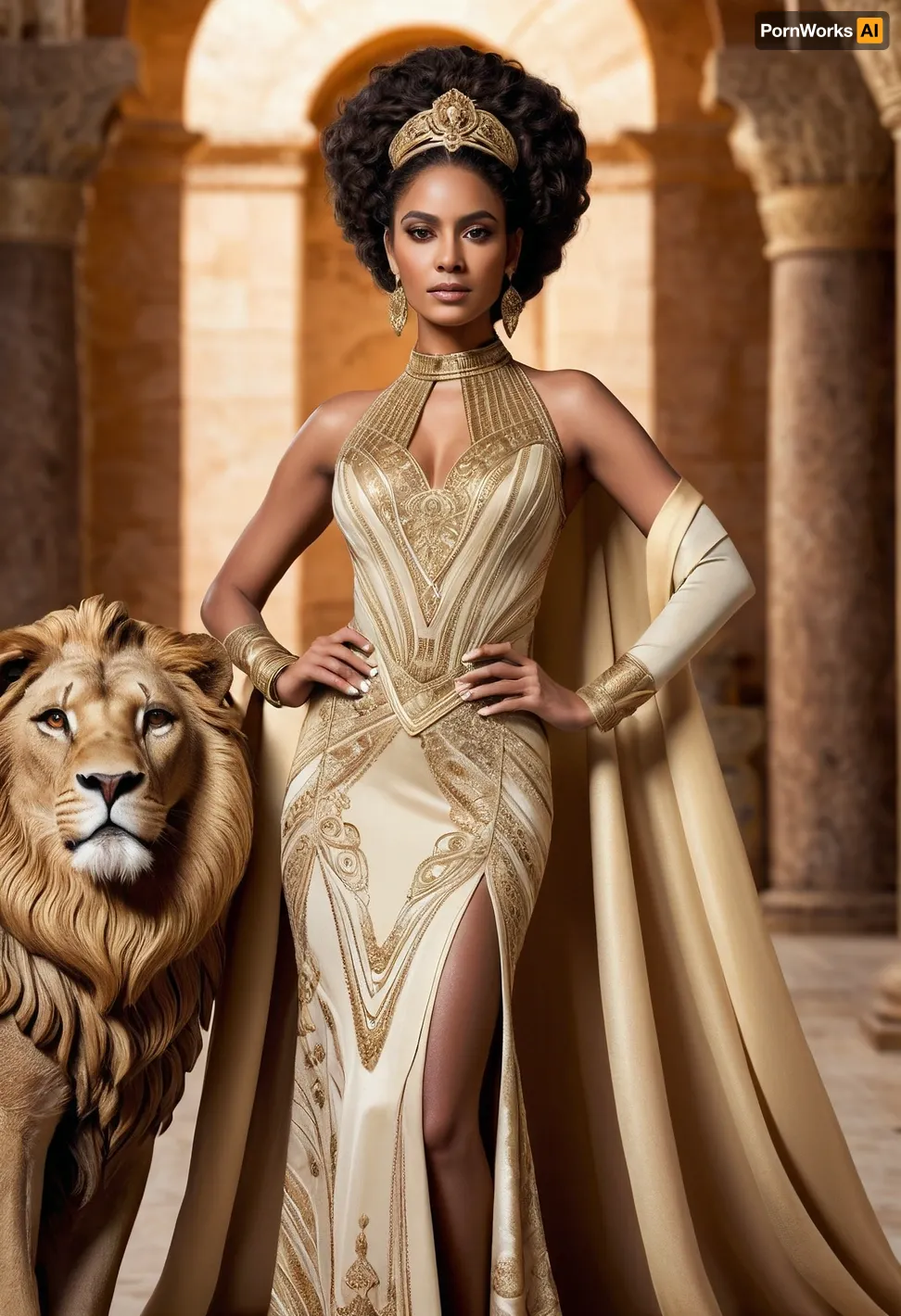 A very dark-skinned woman, likely in her late twenties to early thirties, stands confidently. Her regal, age-appropriate expression is serene and majestic. She wears a lavish, golden-bronze, ornate gown with intricate embellishments, a detailed bodice, and a full skirt. The outfit's style is a blend of ancient Egyptian and modern dance-inspired elements. The fabric appears to be luxurious and has a slight sheen. Her hair is voluminous, dark, and curly, afro styled into elaborate curls and adorned with a golden crown. Her facial features are accentuated with subtle makeup, highlighting her natural beauty. She holds a large, majestic, golden-brown lion by its flank. The lion, beautifully detailed, sits calmly with a confident posture. The environment is a grand, ancient-inspired setting, featuring stone pillars and arches. The setting strongly suggests an ancient empire, possibly inspired by African or Middle Eastern cultures. The lighting is warm and focused, highlighting the woman and the lion. The colors are predominantly golden browns, with touches of gold and bronze, against a muted tan backdrop, creating a regal and sophisticated atmosphere. The composition focuses on the interplay between the woman and the lion, with both subjects positioned centrally. The perspective is a slightly low angle, showcasing the grandeur of the setting and the scale of the lion. The overall mood is one of timeless power and majesty. The style is theatrical and visually arresting, with an emphasis on detail. It evokes a sense of ancient royalty and power. Art Deco elements are present in the grandeur and detailed embellishments on her garment.