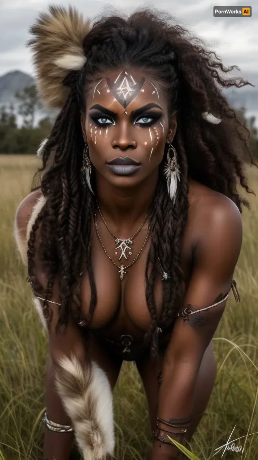 Tribal, female, savage. dark skin. brown skin. squats, ready to pounce. clenched jaw. showing teeth. wild hair. loin clothes. naked upper body. squats in tall grass. blind on 1 eye. sclera all white. war paint. painted face., warpaint, face, paint, <lora:WarPaint:.8>