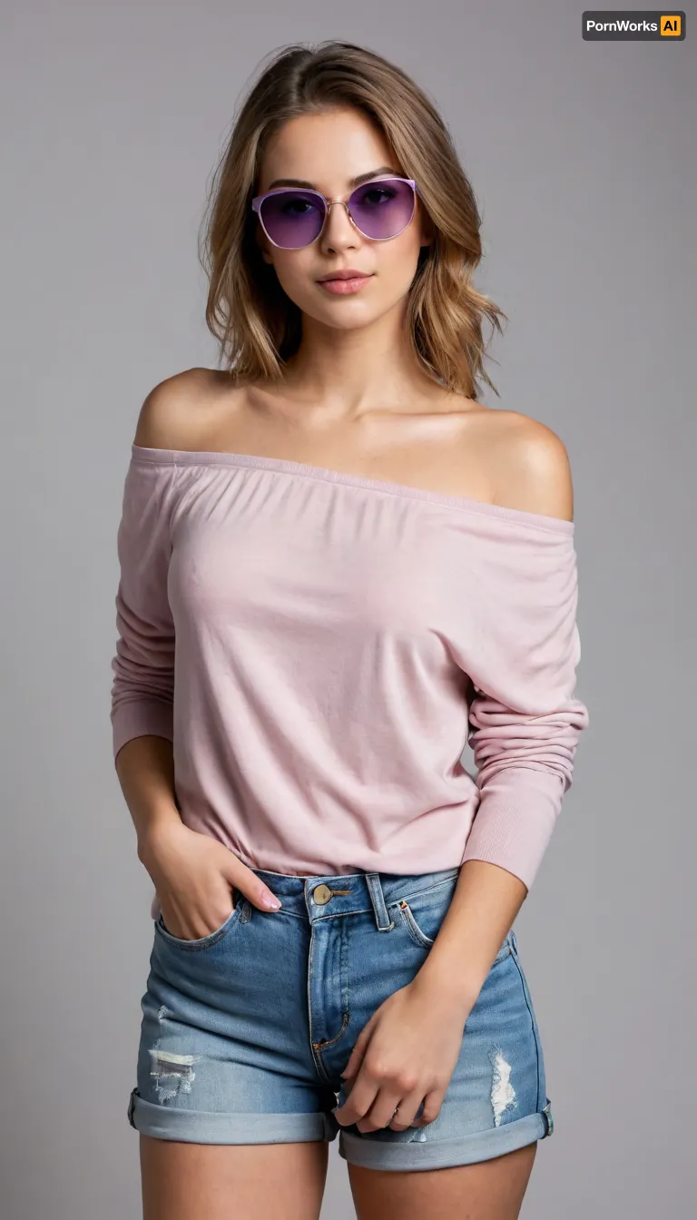 Young woman, light brown hair, light skin tone, 20-30 years old, standing confidently against a plain white background. She is dressed in a light gray, off-the-shoulder, long-sleeved top. Denim shorts, rolled-up at the bottom, complement the outfit. She wears light beige/gold embellished sandals. A pair of pinkish-purple sunglasses rest on top of her head. Arms are crossed over her chest, with a neutral, calm facial expression. Her posture is straight, exuding confidence and serenity. Full body shot, full-length, frontal view. The lighting is even and bright, creating sharp, clear details without harsh shadows. Colors are soft, complementary, and pastel-toned. The image conveys a relaxed, casual vibe, and a subtly fashionable mood. Composition is simple, focused on the subject, with nothing distracting from the model. The style is modern, and trendy, likely evocative of contemporary fashion photography.