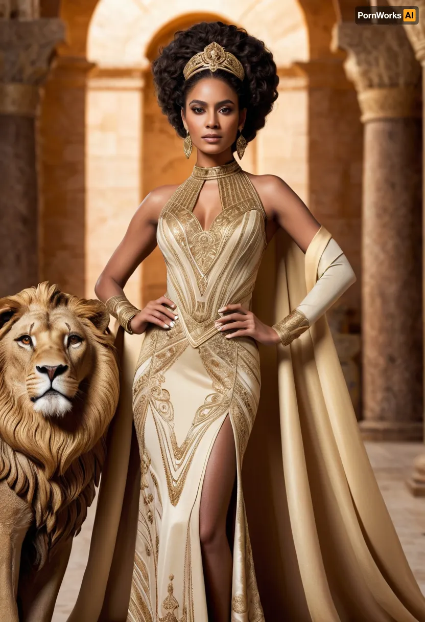 A very dark-skinned woman, likely in her late twenties to early thirties, stands confidently. Her regal, age-appropriate expression is serene and majestic. She wears a lavish, golden-bronze, ornate gown with intricate embellishments, a detailed bodice, and a full skirt. The outfit's style is a blend of ancient Egyptian and modern dance-inspired elements. The fabric appears to be luxurious and has a slight sheen. Her hair is voluminous, dark, and curly, afro styled into elaborate curls and adorned with a golden crown. Her facial features are accentuated with subtle makeup, highlighting her natural beauty. She holds a large, majestic, golden-brown lion by its flank. The lion, beautifully detailed, sits calmly with a confident posture. The environment is a grand, ancient-inspired setting, featuring stone pillars and arches. The setting strongly suggests an ancient empire, possibly inspired by African or Middle Eastern cultures. The lighting is warm and focused, highlighting the woman and the lion. The colors are predominantly golden browns, with touches of gold and bronze, against a muted tan backdrop, creating a regal and sophisticated atmosphere. The composition focuses on the interplay between the woman and the lion, with both subjects positioned centrally. The perspective is a slightly low angle, showcasing the grandeur of the setting and the scale of the lion. The overall mood is one of timeless power and majesty. The style is theatrical and visually arresting, with an emphasis on detail. It evokes a sense of ancient royalty and power. Art Deco elements are present in the grandeur and detailed embellishments on her garment.
