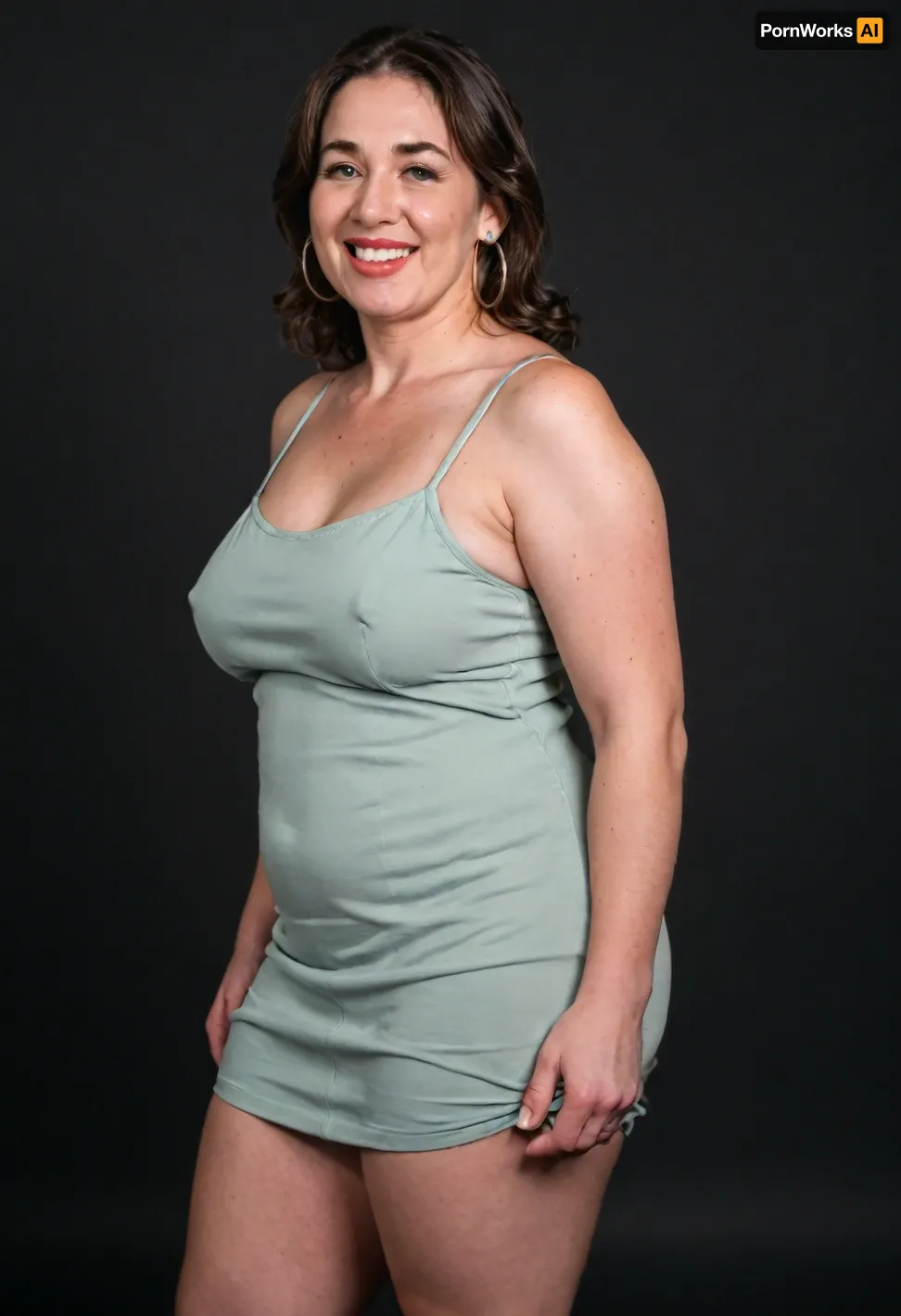 3/4 side view, Curvy gilf, looking at viewer, eye contact, portrait photo a ssbbw mature 60 year old woman, wearing a v-neck sleeveless spaghetti strap light green maxidress, hourglass figure, wide, huge hips, large waist, narrow waist, thick, thighs, saddlebags, round face, chubby cheeks, wrinkles, flushed cheeks, double chin, big eyes, long hair, brunette hair with highlights, medium hair, big smile, mouth open, lips parted, big lips, teeth showing, perfect teeth, joyful smile, (solid blank black background), pokies, hoop earrings, (wrinkles), sagging, breasts, apart, hard nipples, huge ass