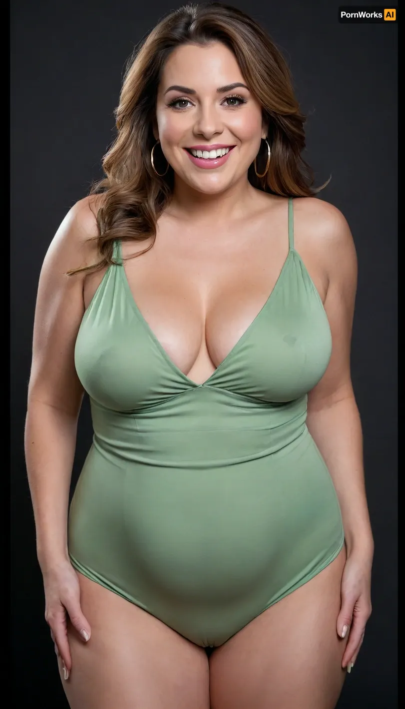 3/4 side view, Curvy gilf, looking at viewer, eye contact, portrait photo a ssbbw mature 60 year old woman, wearing a v-neck sleeveless spaghetti strap light green maxidress, hourglass figure, wide, huge hips, large waist, narrow waist, thick, thighs, saddlebags, round face, chubby cheeks, wrinkles, flushed cheeks, double chin, big eyes, long hair, brunette hair with highlights, medium hair, big smile, mouth open, lips parted, big lips, teeth showing, perfect teeth, joyful smile, (solid blank black background), pokies, hoop earrings, (wrinkles), sagging, breasts, apart, hard nipples, huge ass