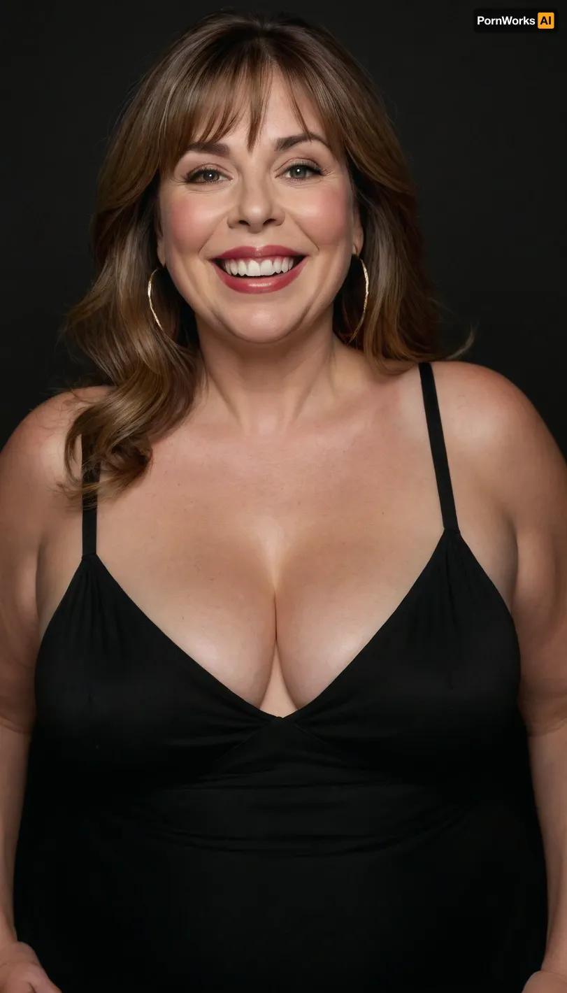 Curvy gilf, looking at viewer, eye contact, portrait photo a ssbbw mature 60 year old woman, wearing a v-neck sleeveless spaghetti strap black maxidress, obese, pear shaped body figure, wide, huge hips, large waist, narrow waist, saddlebags, chubby round face, chubby cheeks, wrinkles, flushed cheeks, double chin, big eyes, long hair, brown hair with highlights, bangs, medium hair, big smile, mouth open, lips parted, big lips, teeth showing, perfect teeth, joyful smile, (solid blank black background), pokies, hoop earrings, (wrinkles)